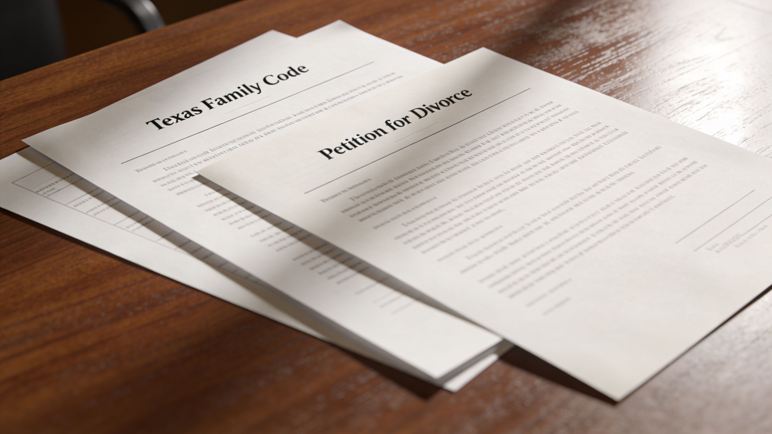 A stack of legal documents titled Texas Family Code and Petition for Divorce on a wooden desk.