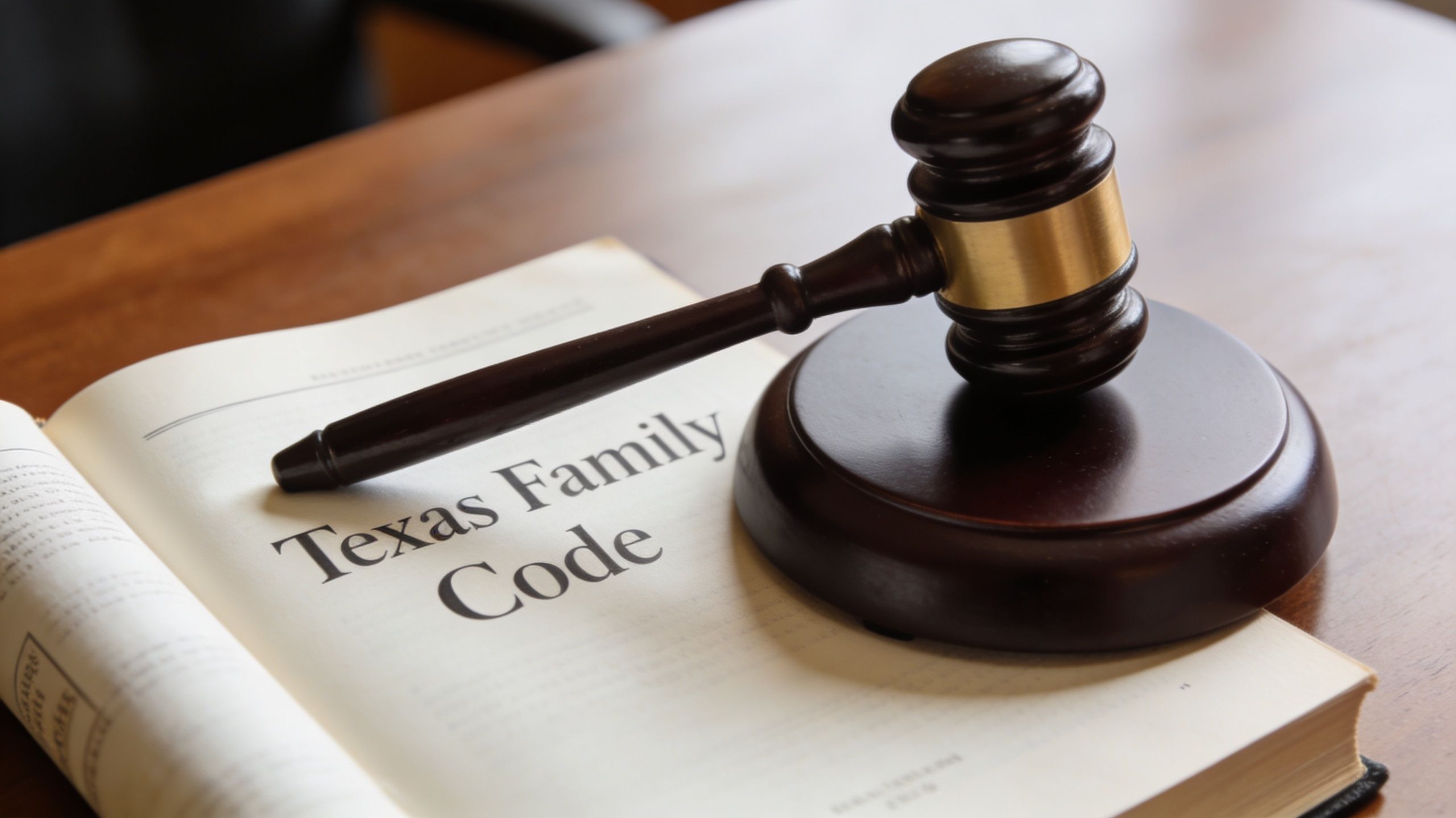 A wooden judge's gavel resting on an open copy of the Texas Family Code law book.