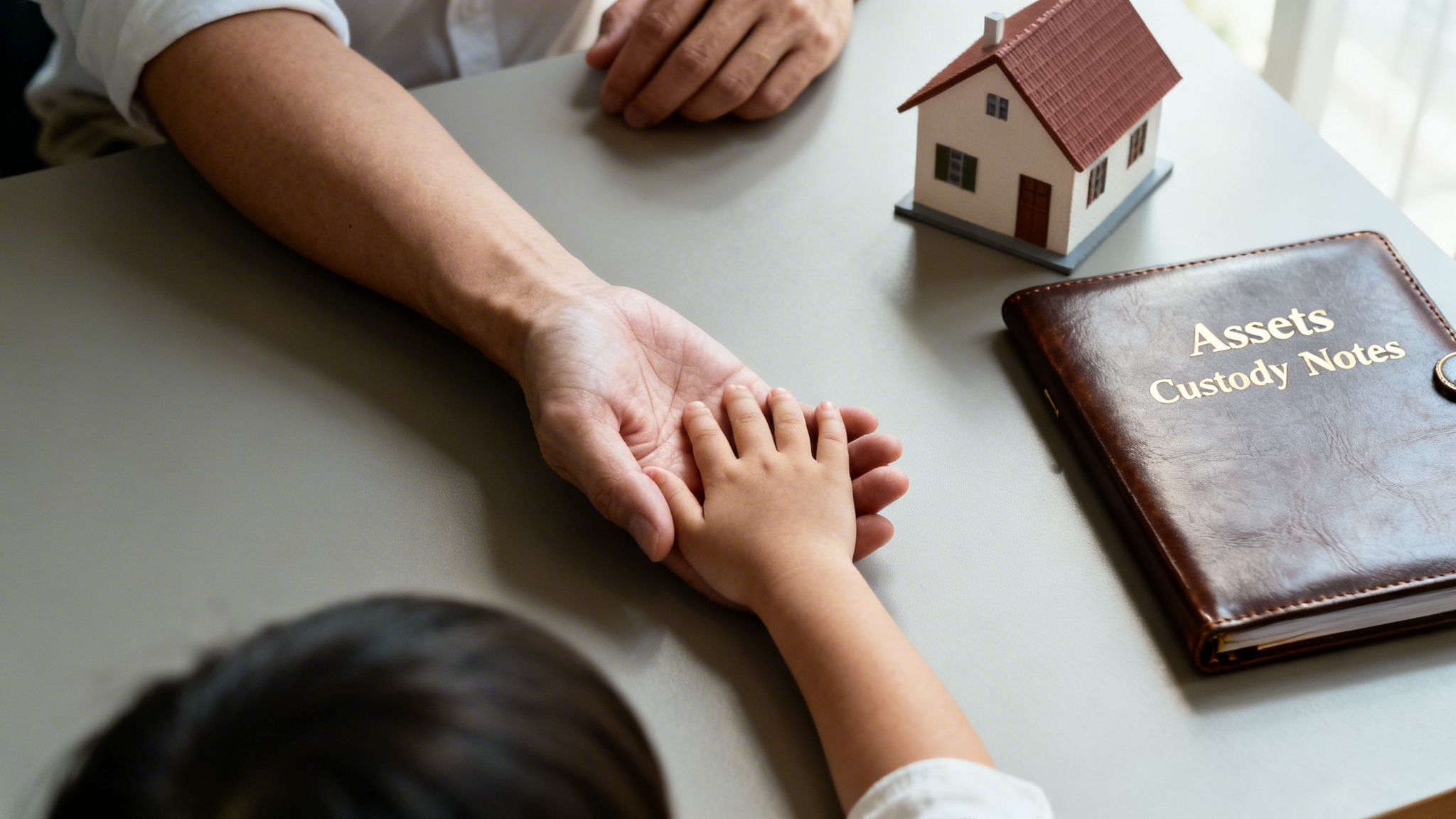An adult's hand holding a child's hand on a table next to a model house and a 'Assets Custody Notes' book.