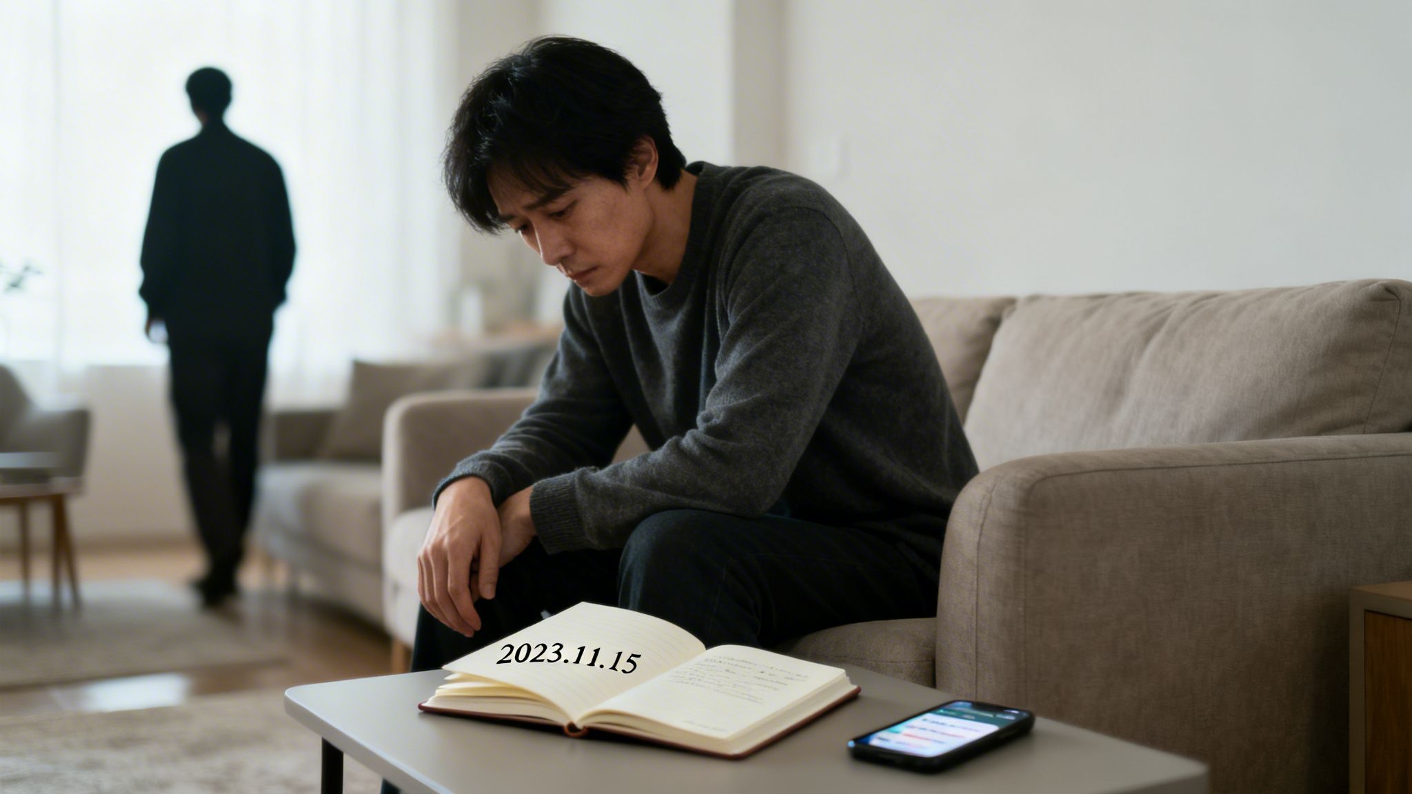 A sad man sits on a couch, looking down, while a silhouette walks away, suggesting a breakup.