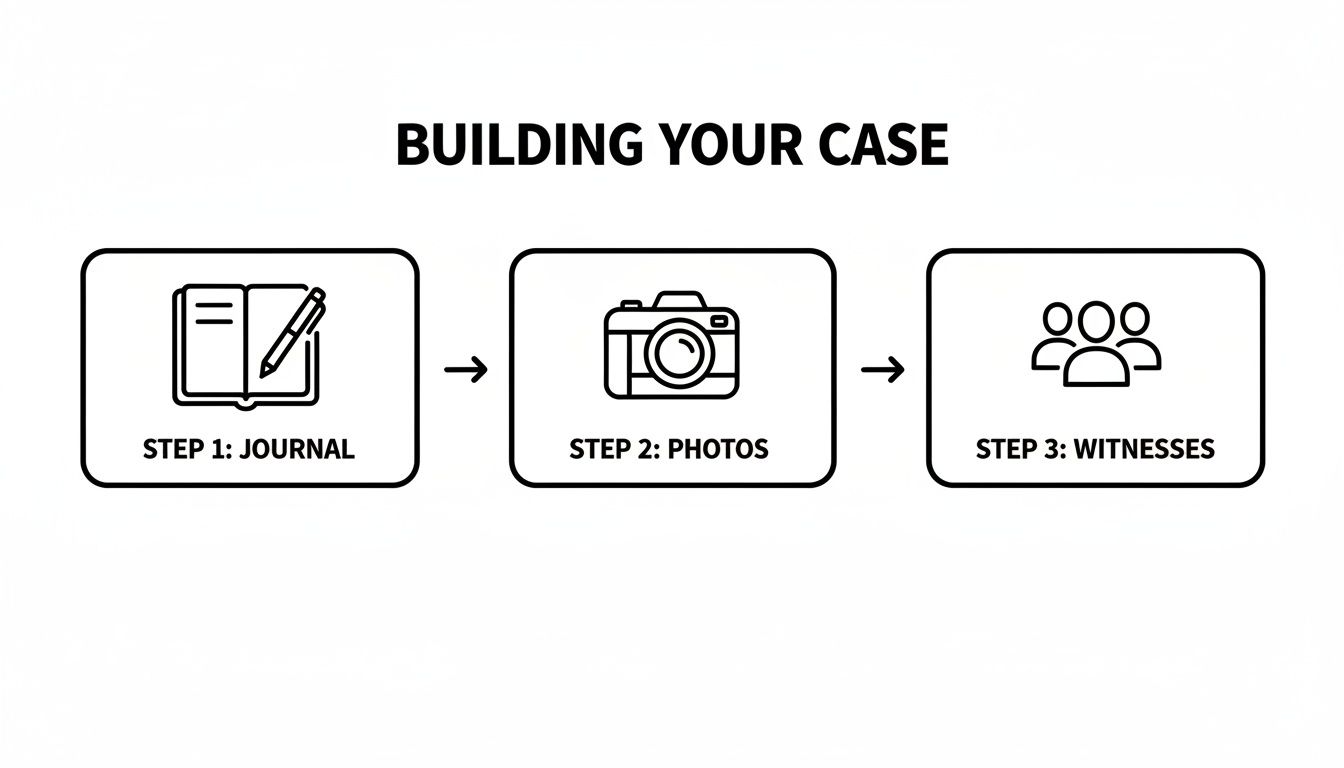 A flowchart showing three steps to build a case: journal, photos, and witnesses, with arrows indicating progression.