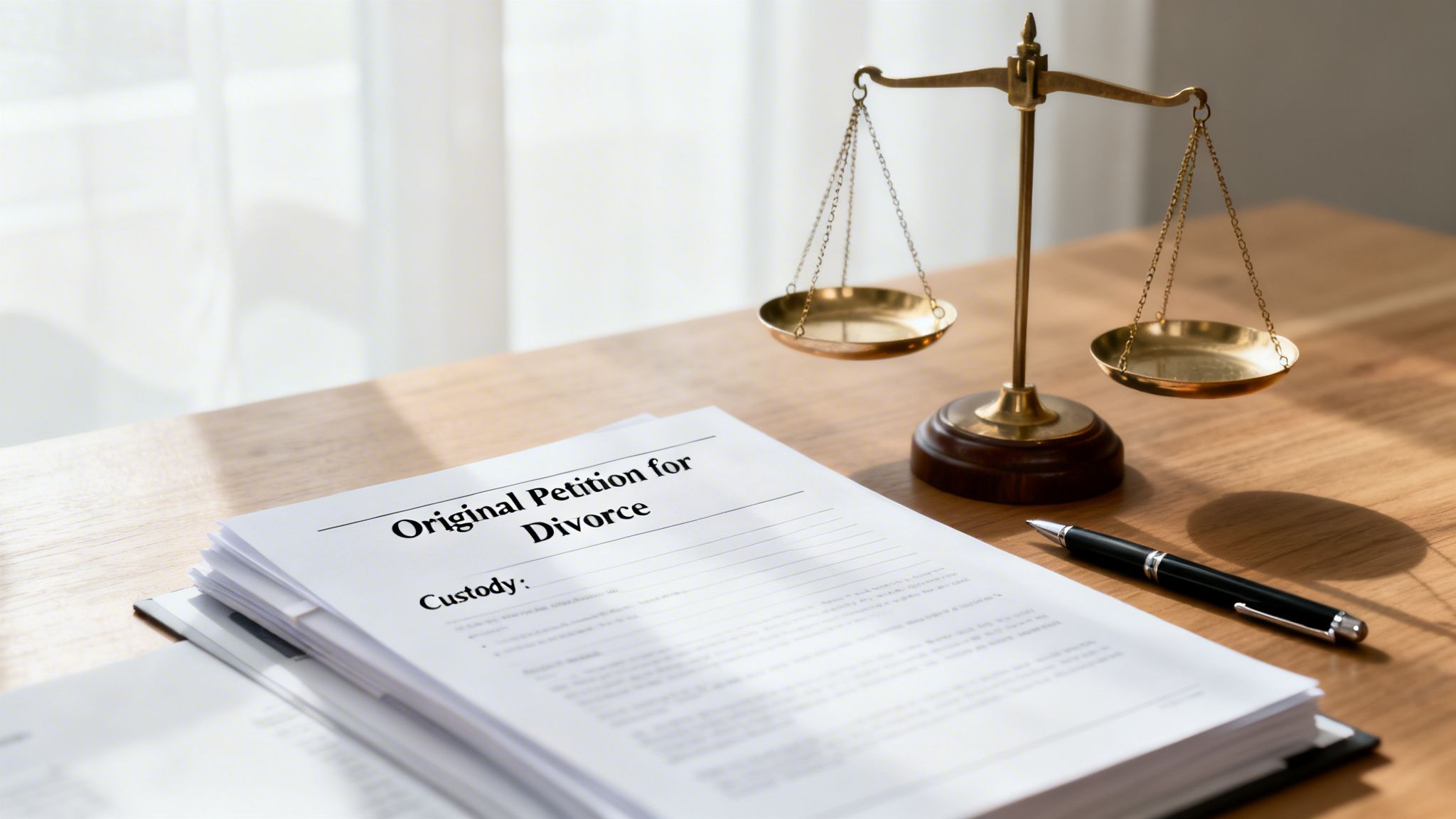 Original Petition for Divorce document, legal scales of justice, and a pen on a wooden desk.