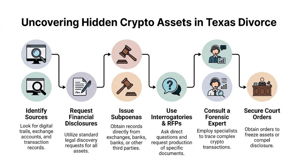 A flow chart illustrating the legal process for uncovering hidden cryptocurrency assets during a Texas divorce case.