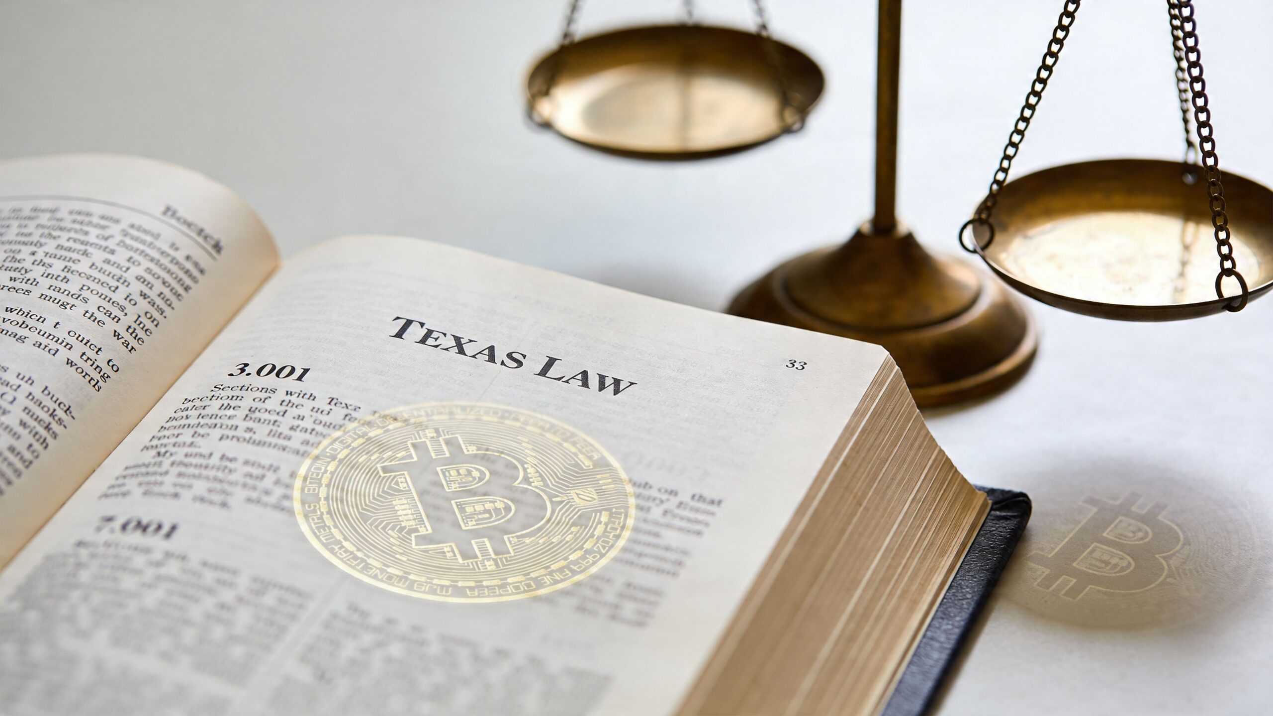 A law book titled Texas Law featuring a glowing golden Bitcoin icon representing digital asset regulations.