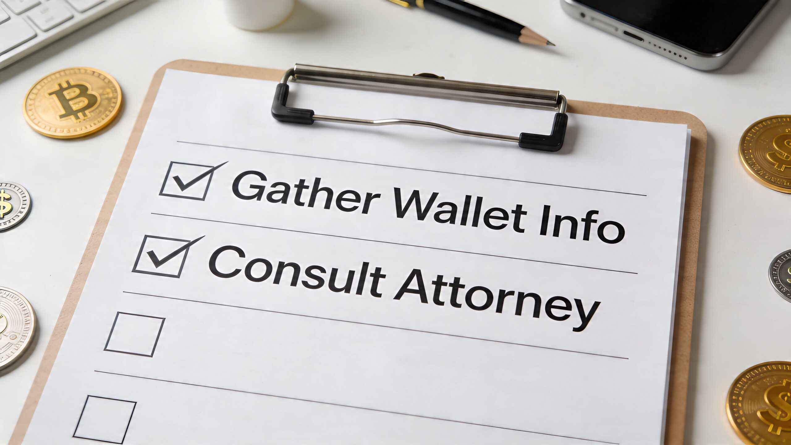 A checklist on a clipboard with items Gather Wallet Info and Consult Attorney for cryptocurrency divorce planning.