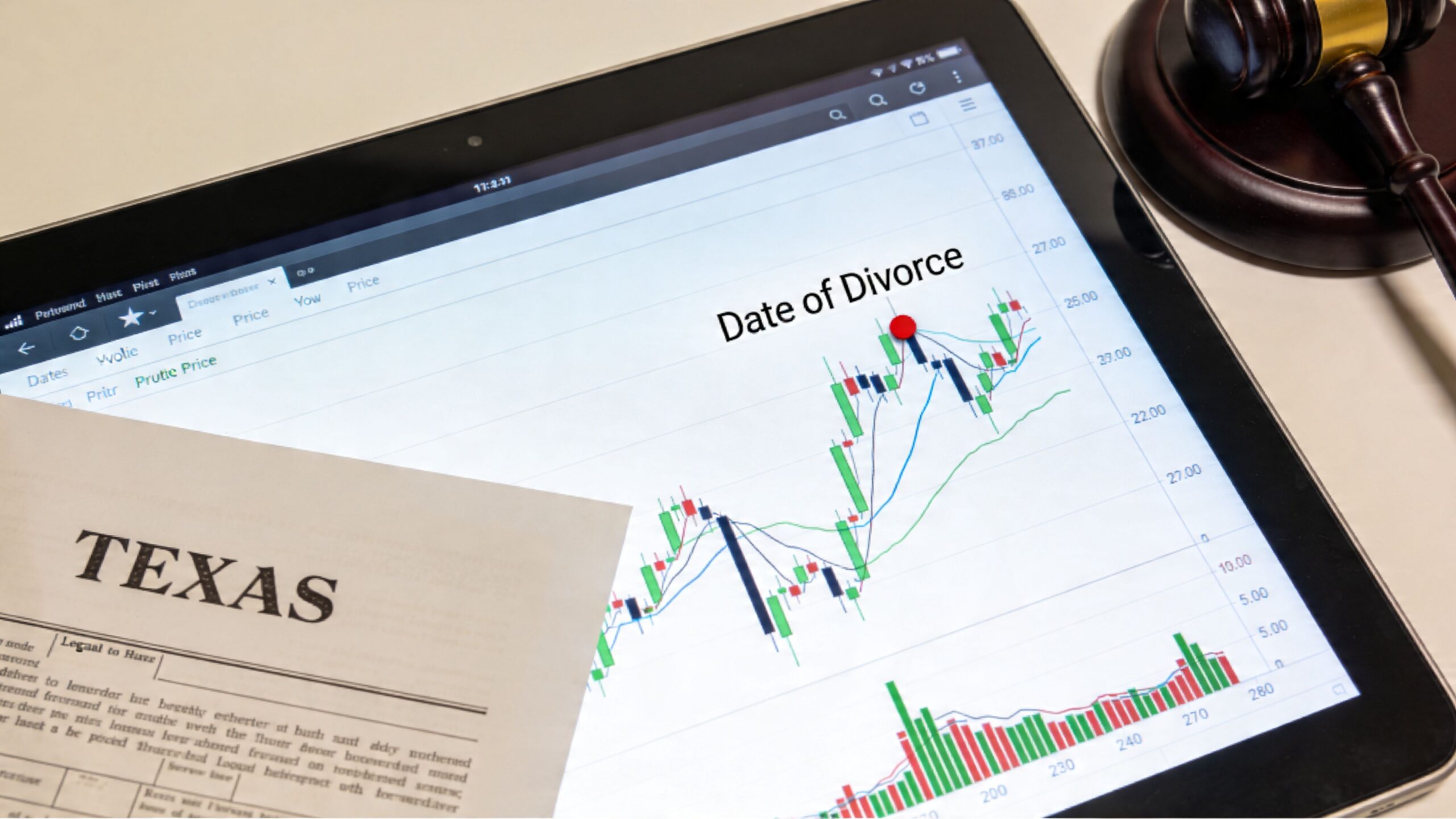 A tablet displaying a financial stock chart with a divorce date marker alongside legal paperwork and a gavel.