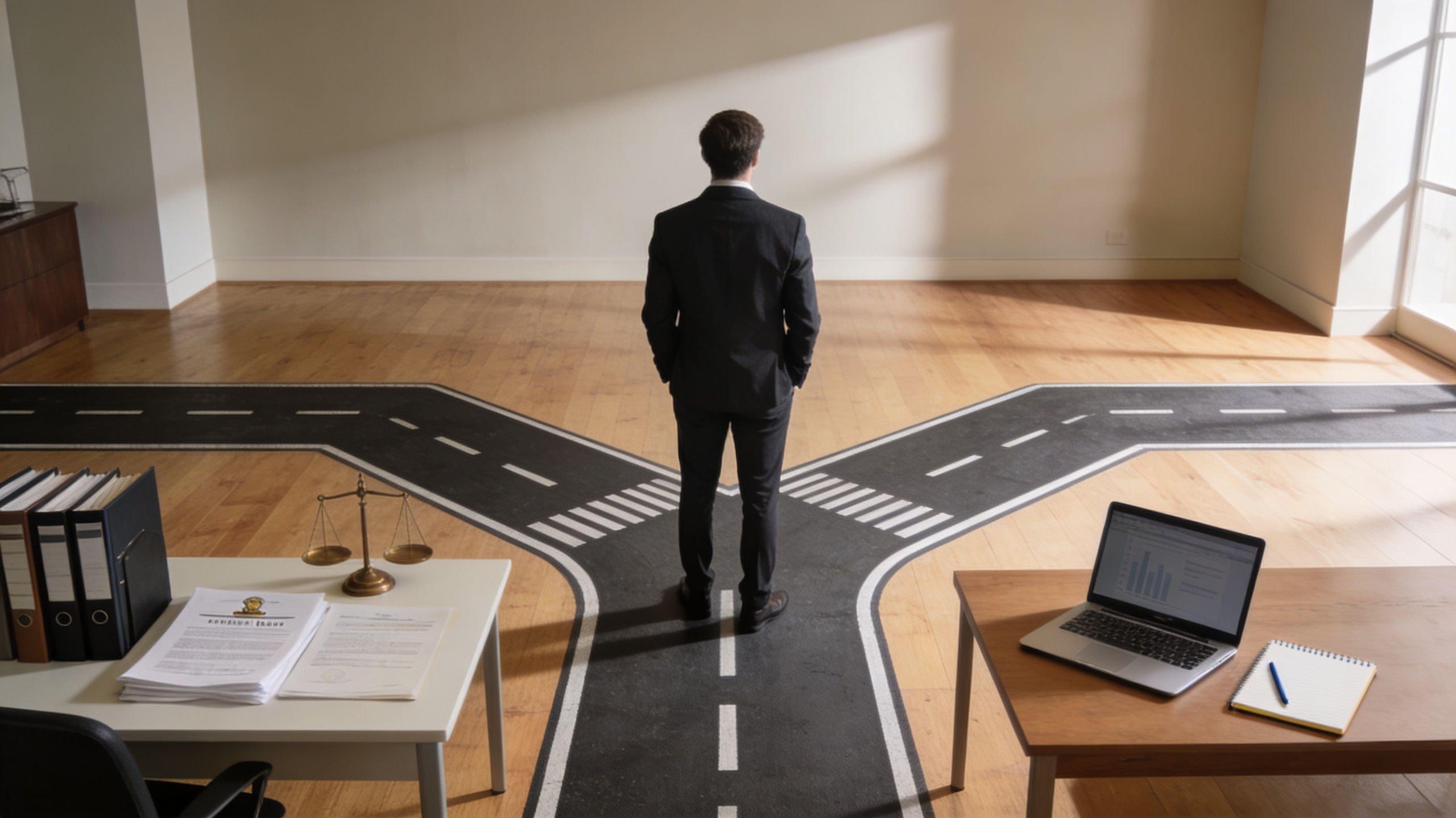 A businessman standing at a fork in a road depicted on an office floor between legal documents and a laptop.