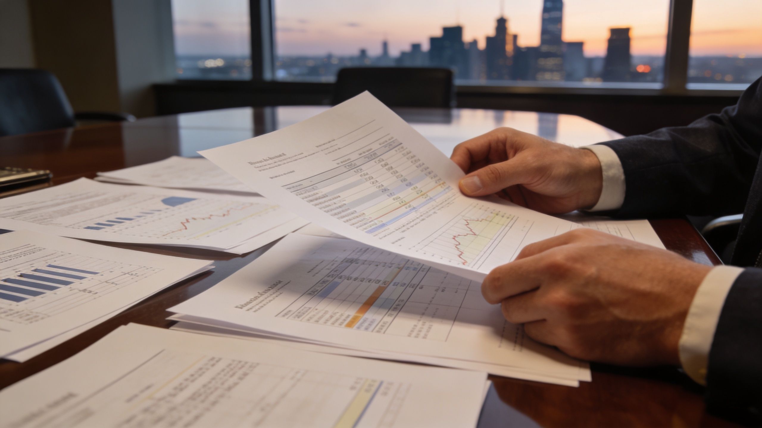 A professional analyzing financial documents at a desk overlooking a city skyline at sunset.