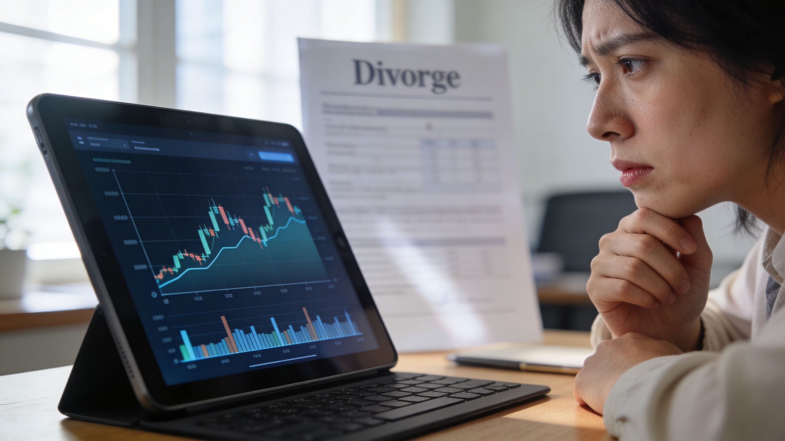 A concerned woman looking at a stock market chart on a tablet next to divorce documents.