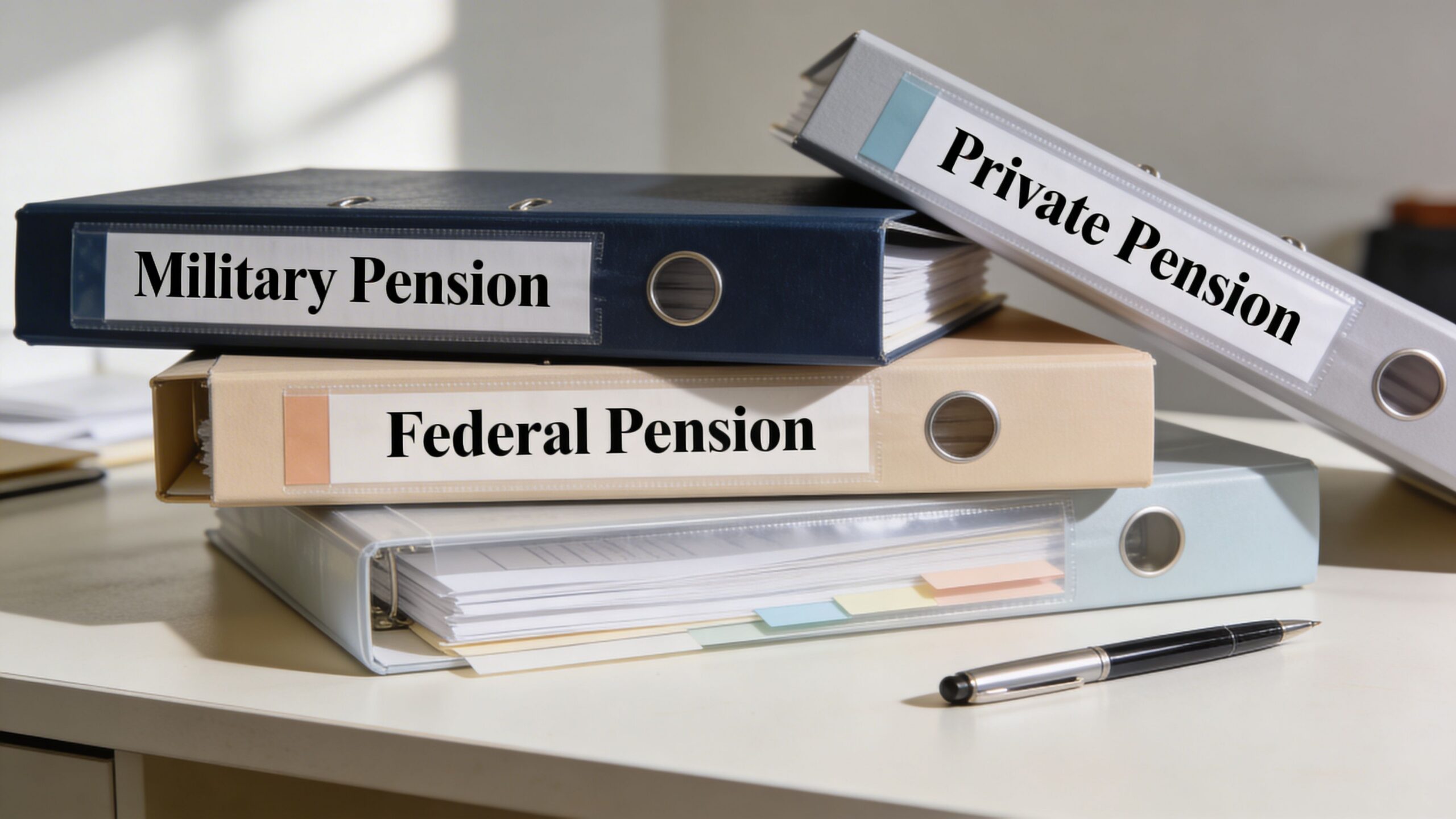 A stack of binders labeled Military, Federal, and Private Pension resting on an office desk with a pen.