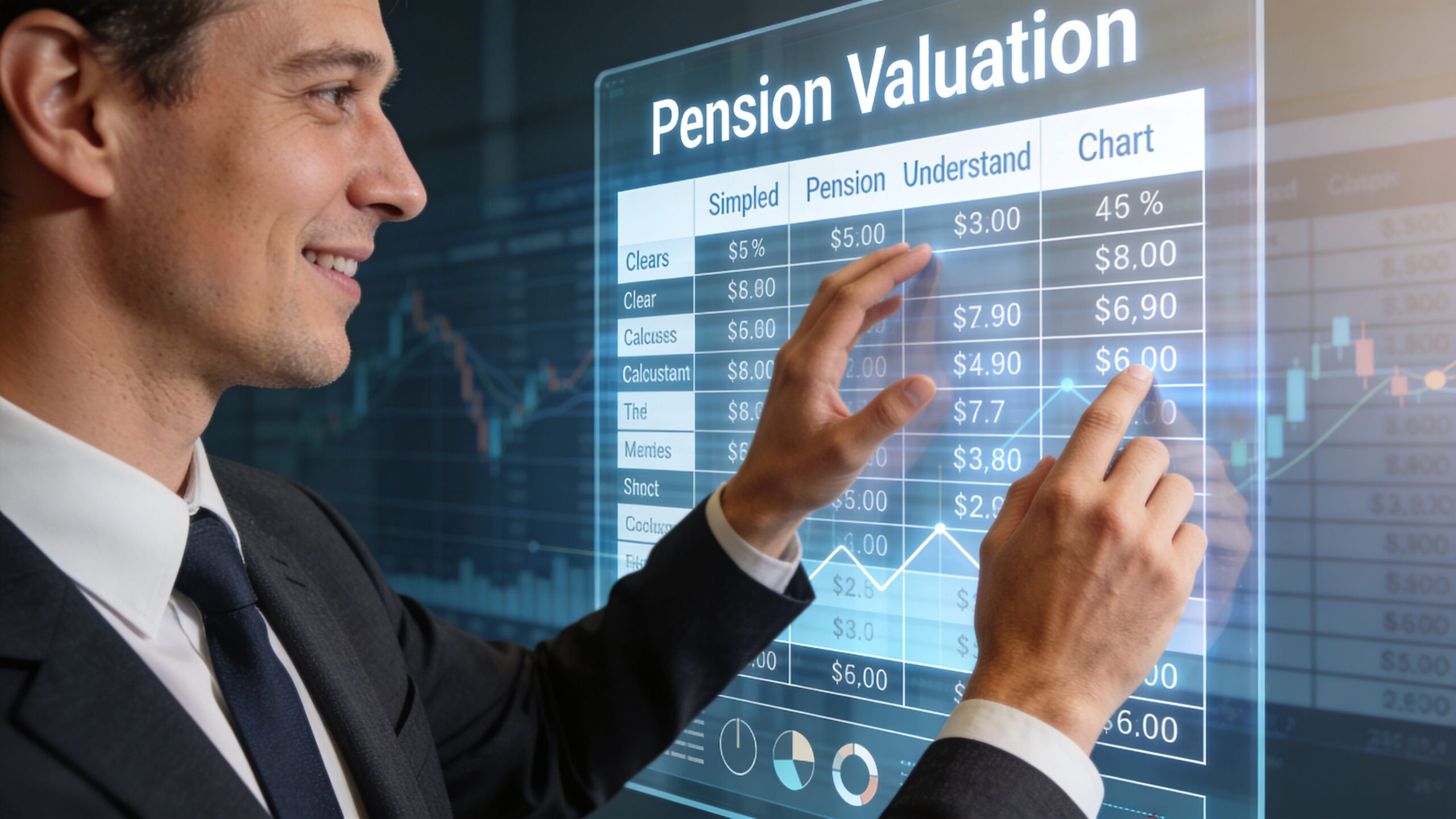 A professional man in a suit interacting with a digital holographic pension valuation table and financial data.
