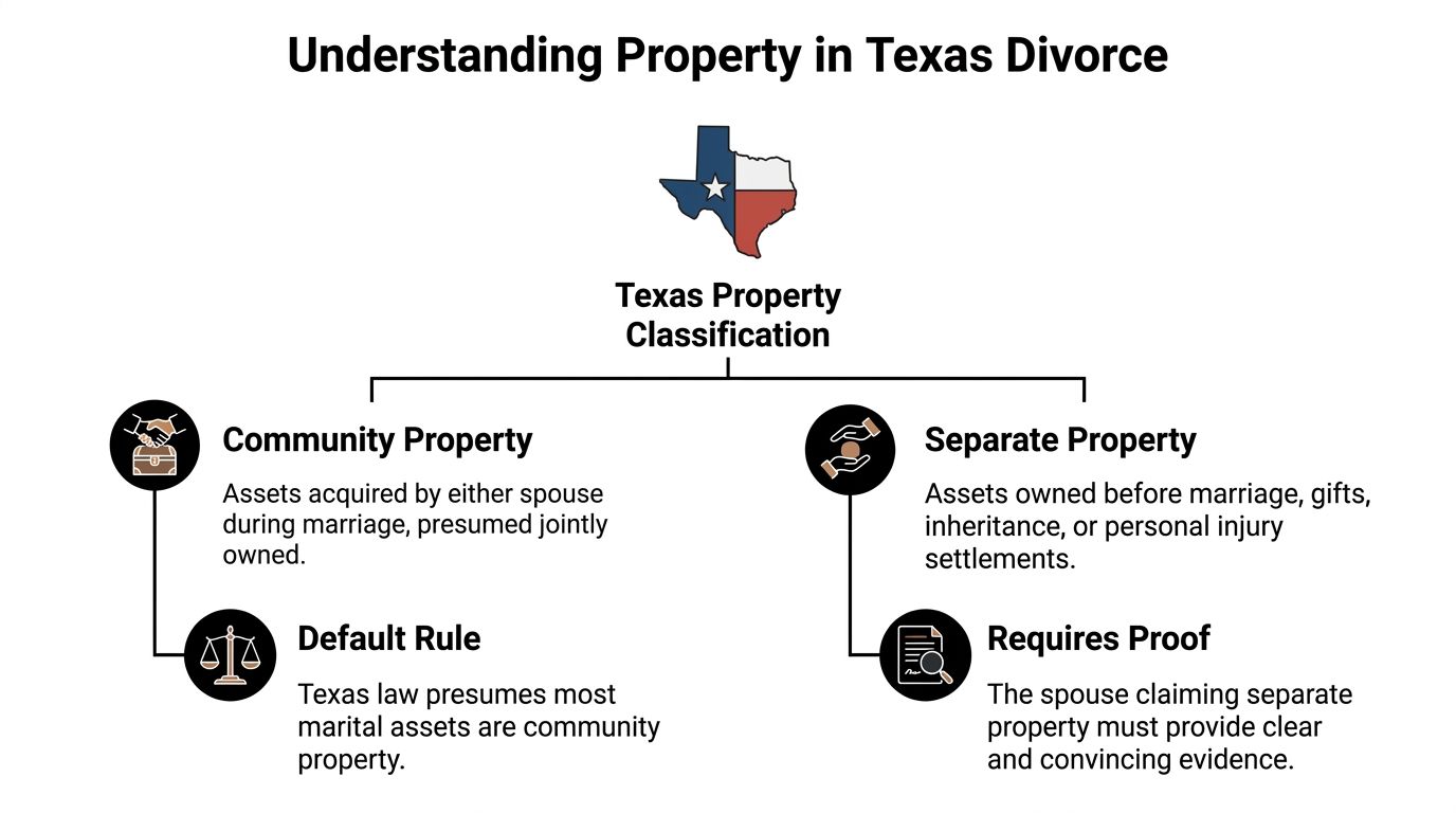 A diagram explaining the classification of community and separate property in Texas divorce cases.