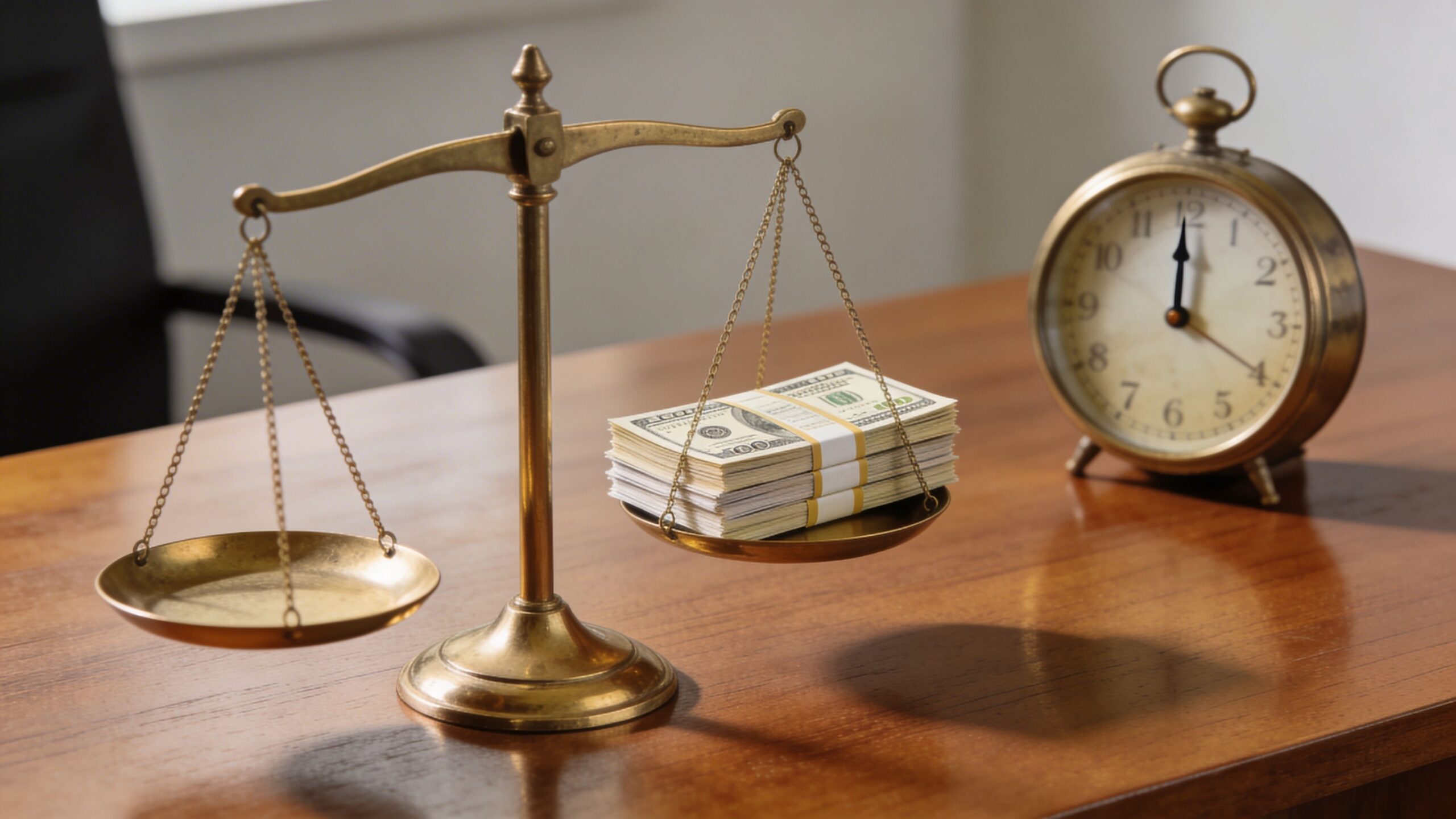 A brass scale balancing a stack of US dollar bills against an empty side next to a clock.