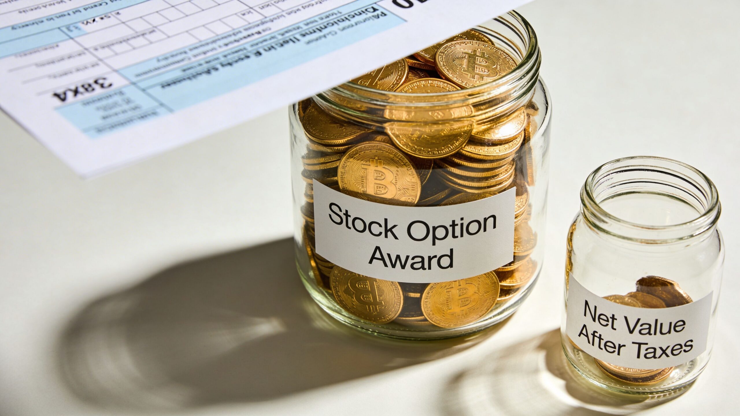 A large jar filled with Bitcoin coins labeled Stock Option Award next to a small jar of remaining coins.