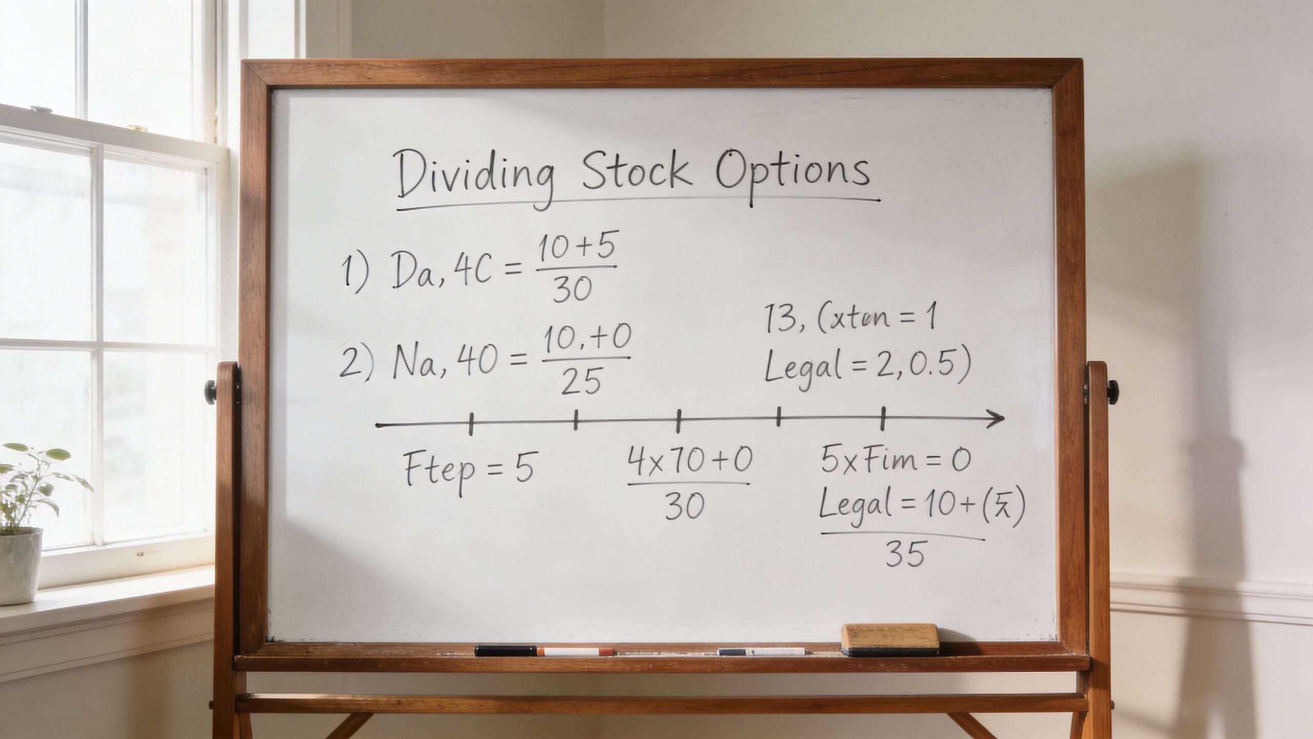 A whiteboard with handwritten mathematical equations for dividing stock options during a divorce proceeding.