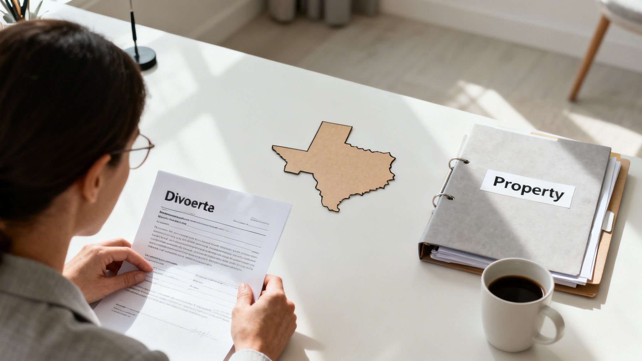A person sitting at a desk reviewing legal divorce documents next to a property folder and Texas map.