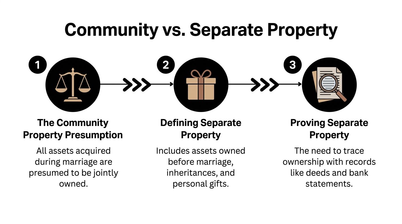 A three-step infographic explaining the legal concepts of community and separate property during a marriage.