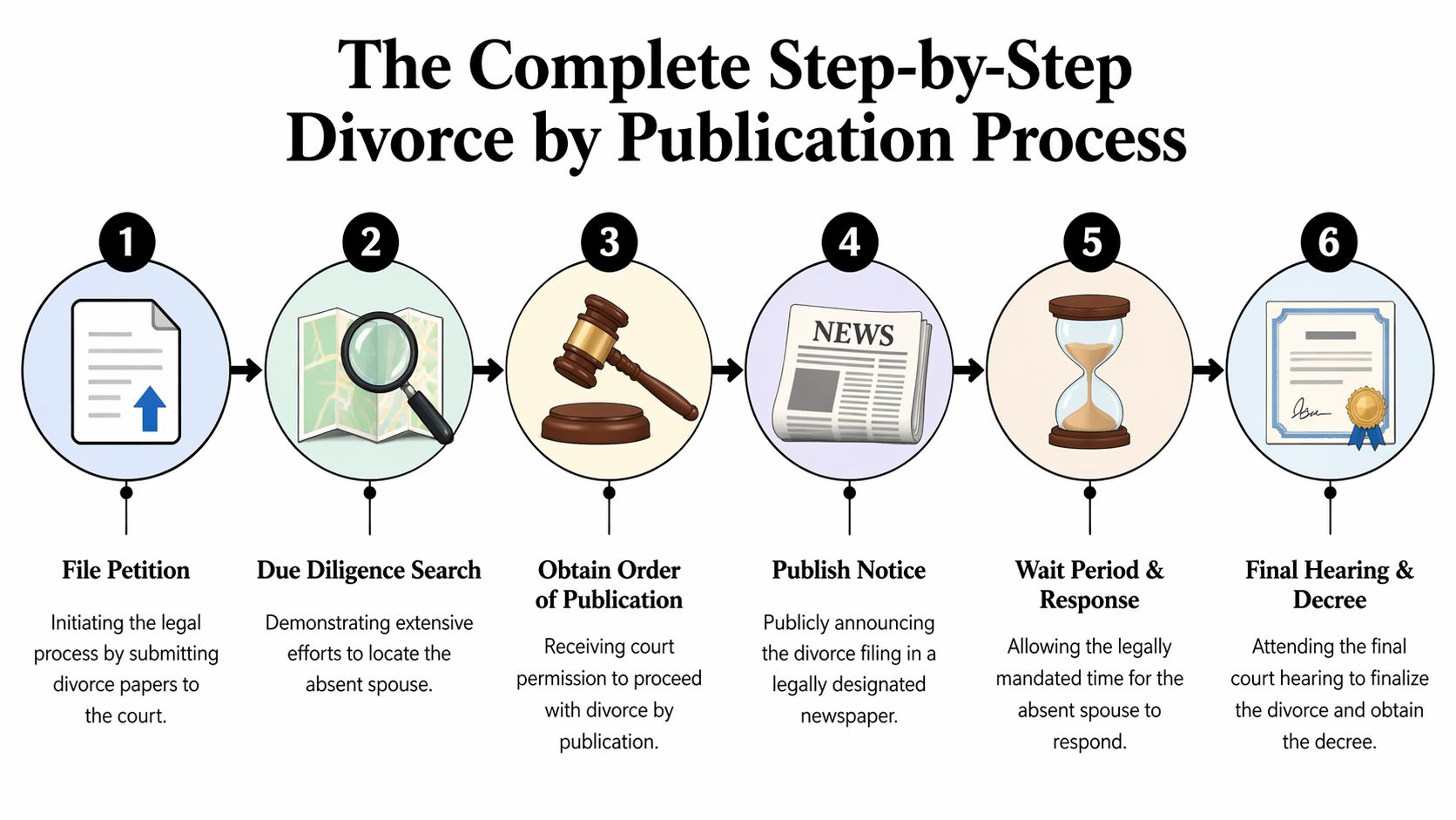 A six-step infographic illustrating the step-by-step divorce by publication legal process for an absent spouse.