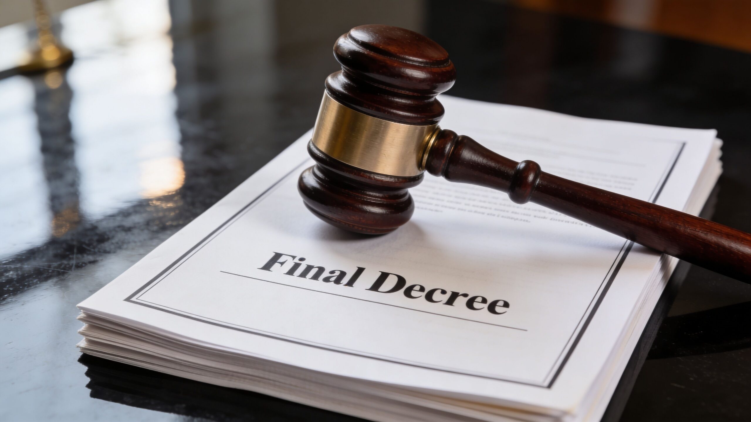 A wooden gavel resting on a stack of legal documents titled Final Decree on a dark table.