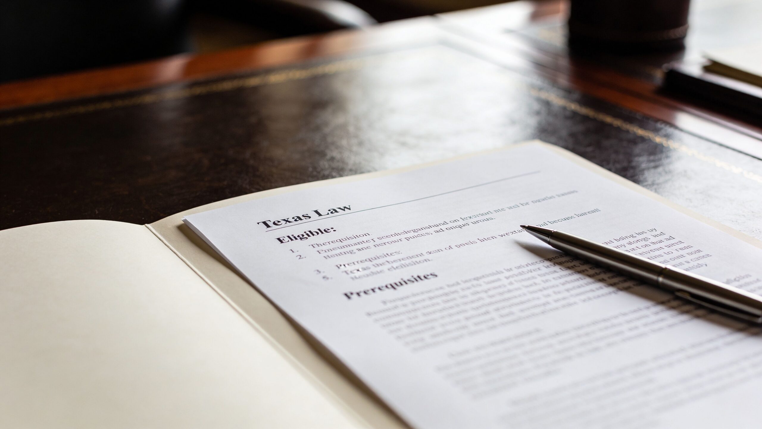 A document labeled Texas Law with an elegant metal pen resting on top of the paper.