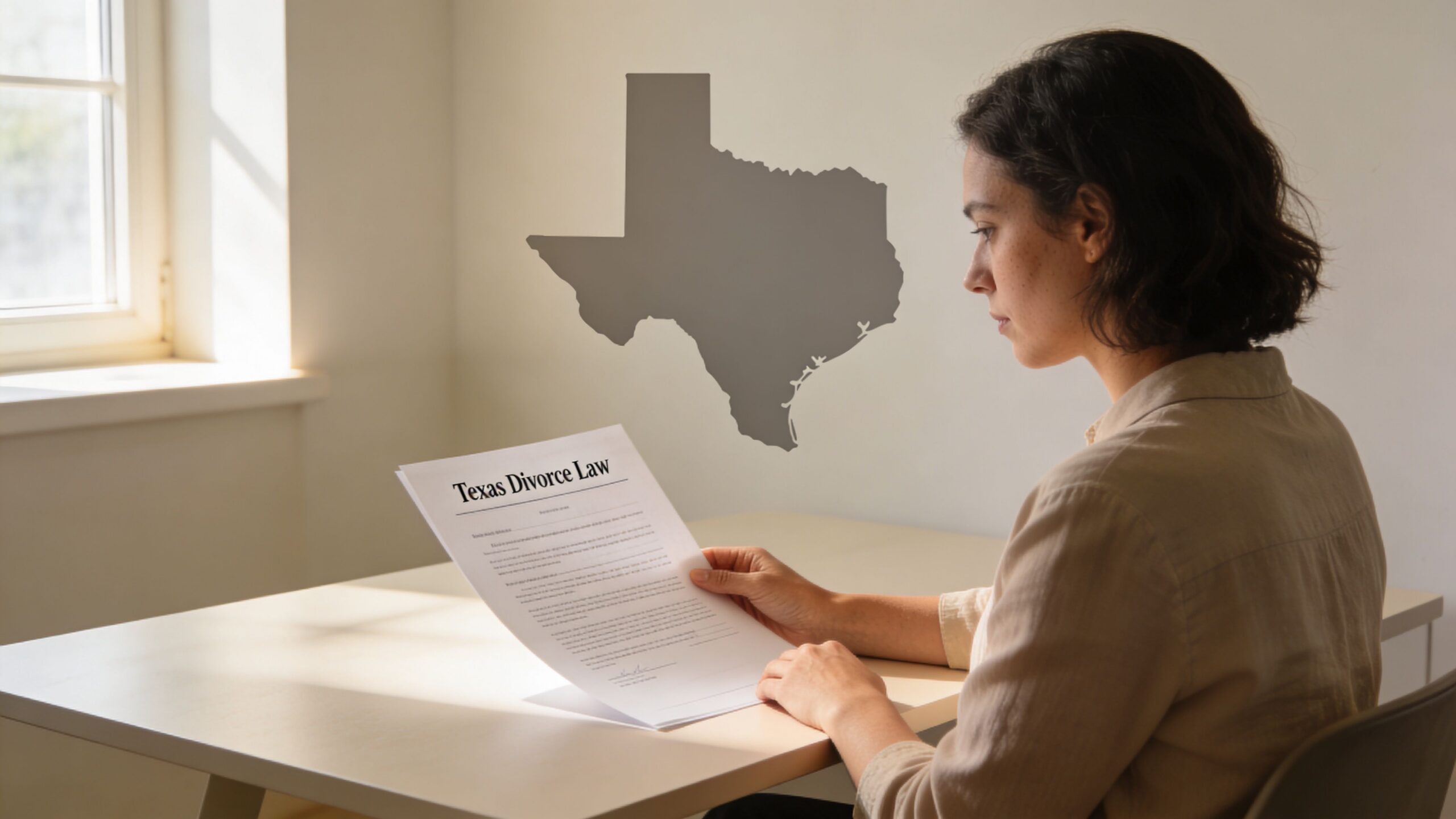 A woman sits at a desk reading a document labeled Texas Divorce Law near a map illustration.