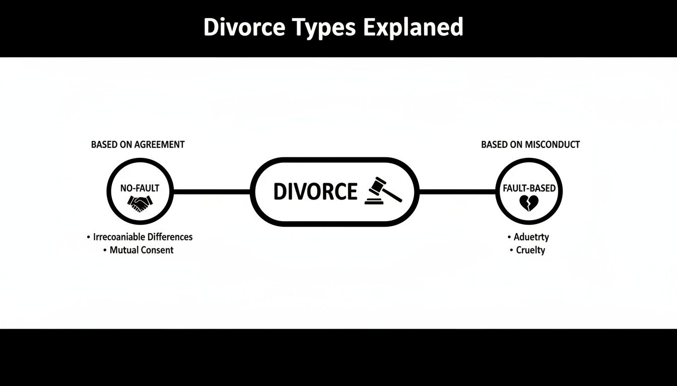 Infographic outlining divorce types: no-fault (agreement, mutual consent) and fault-based (misconduct, aduetry, cruelty).