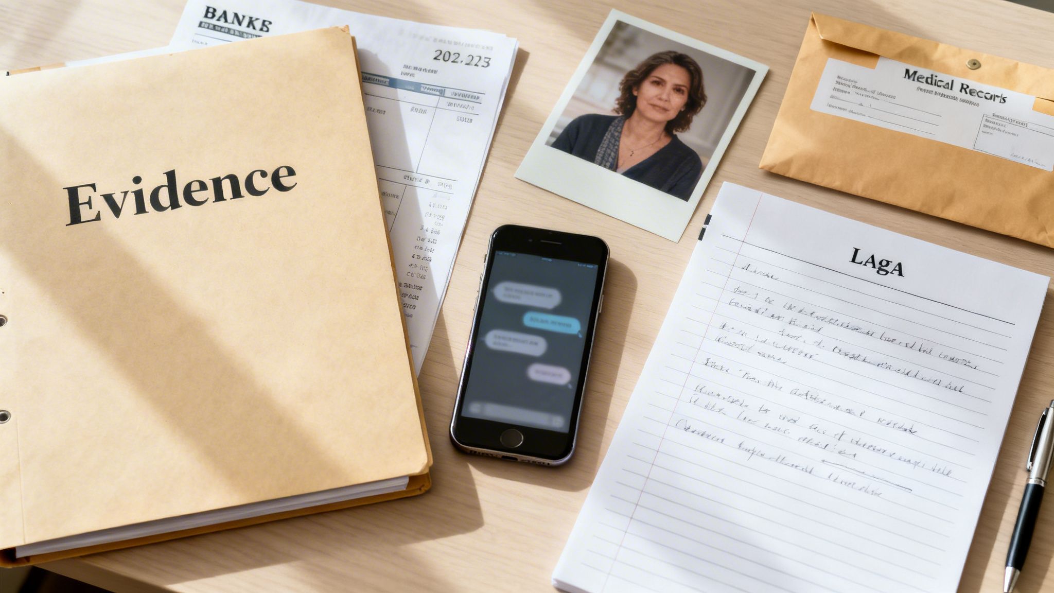 Desk with 'Evidence' folder, bank statement, woman's photo, phone, medical records, and notes.