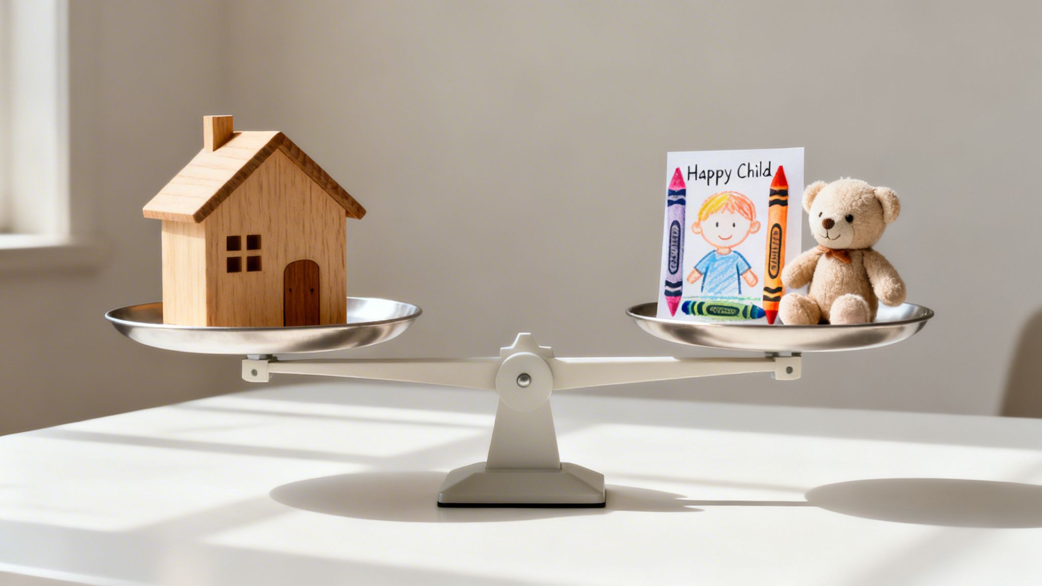 A balanced scale comparing a wooden house with a child's drawing and a teddy bear.