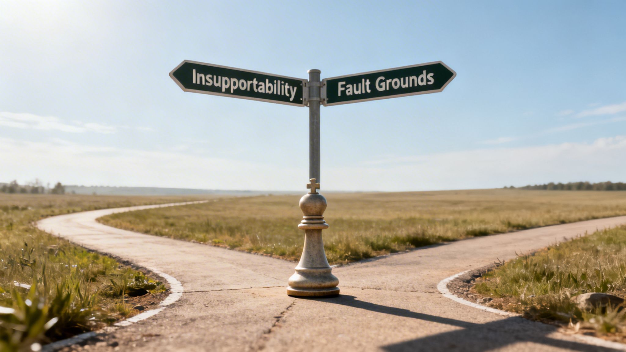 A chess king piece standing at a fork in the road with signposts labeled Insupportability and Fault Grounds.