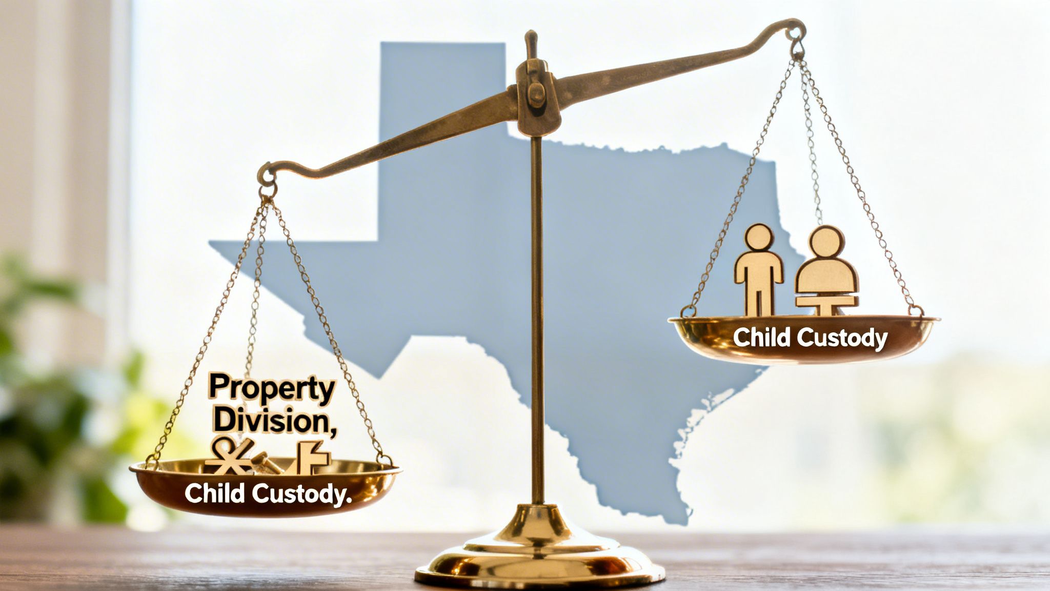 A conceptual image showing a balance scale against a Texas map outline, representing legal divorce matters.
