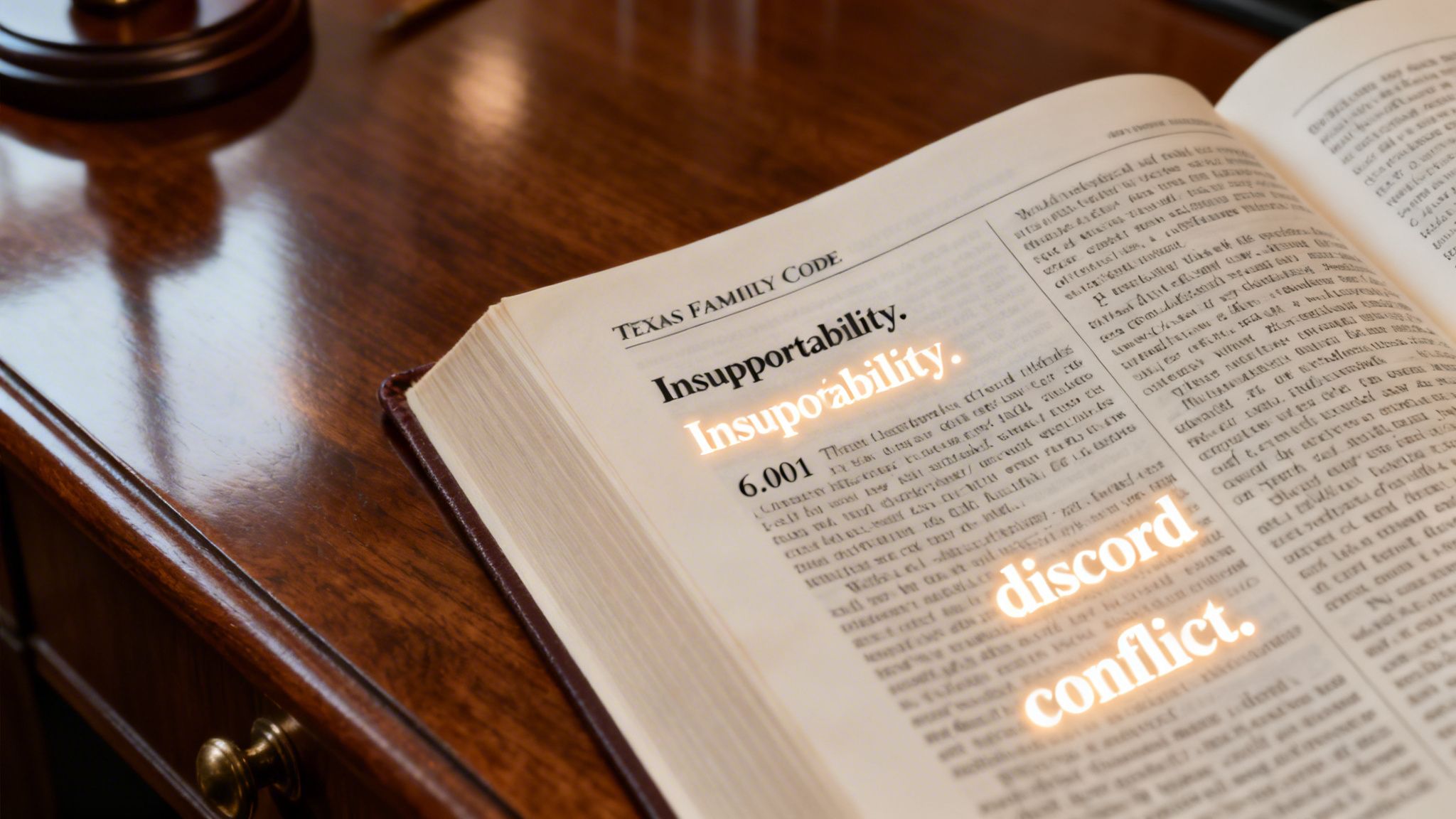 A close-up view of an open Texas Family Code book with the words Insupportability and discord conflict glowing on the pages.
