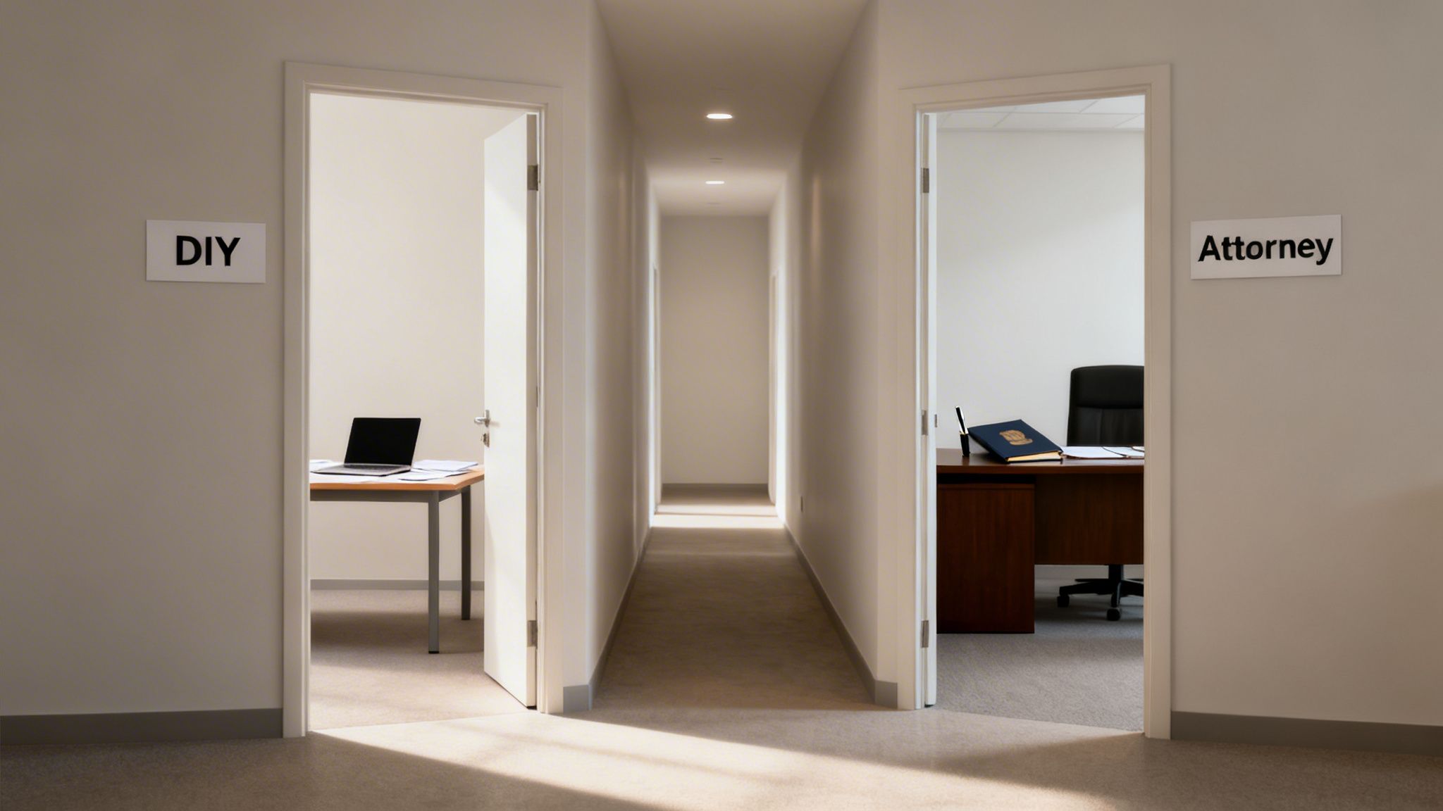 A hallway with two open doors, one labeled 'DIY' and the other 'Attorney', offering a choice.
