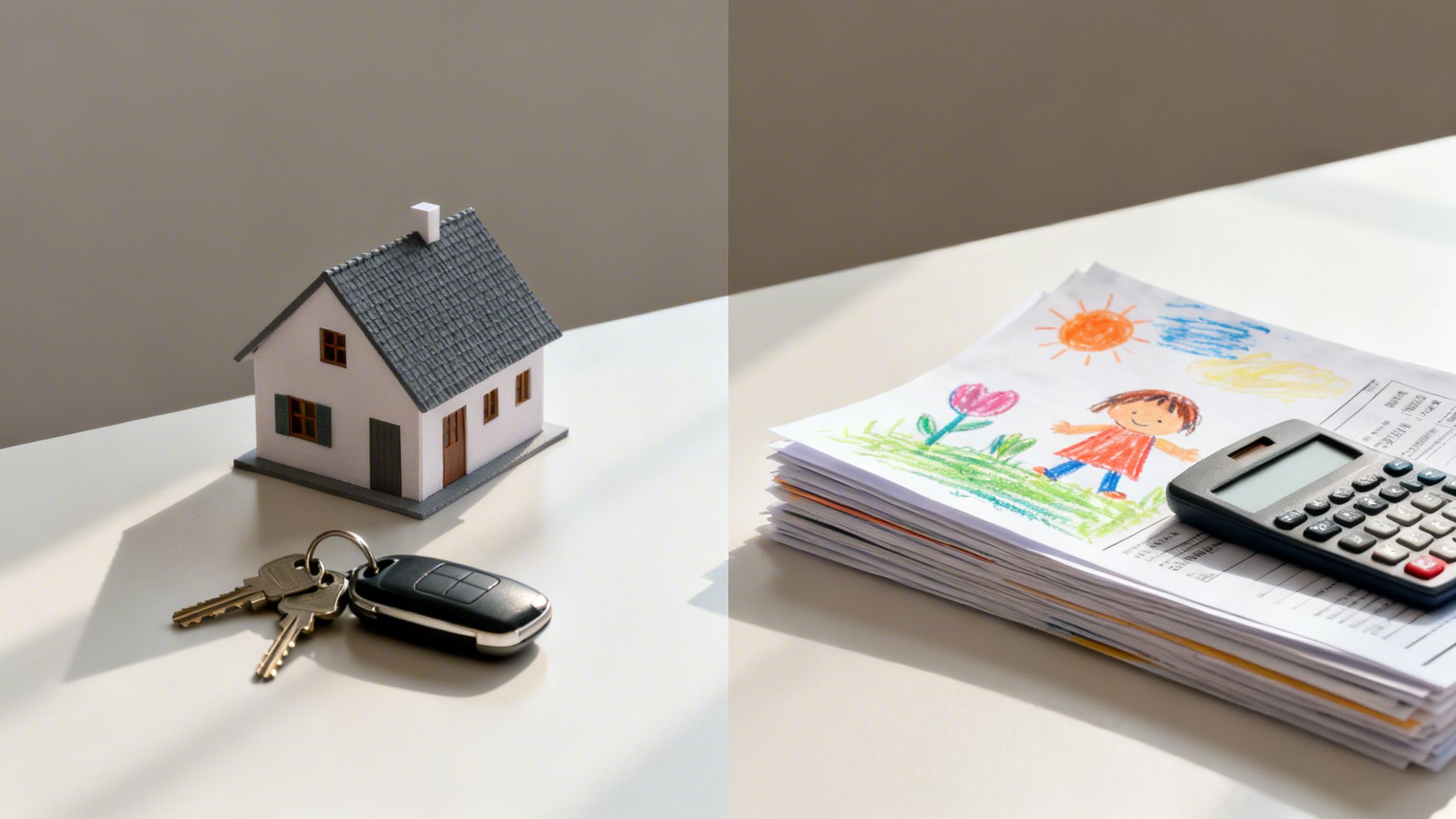 A miniature house, car keys, a stack of papers with a child's drawing, and a calculator.