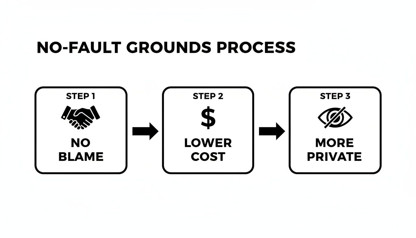 A diagram illustrating the no-fault grounds process, showing steps for no blame, lower cost, and more privacy.