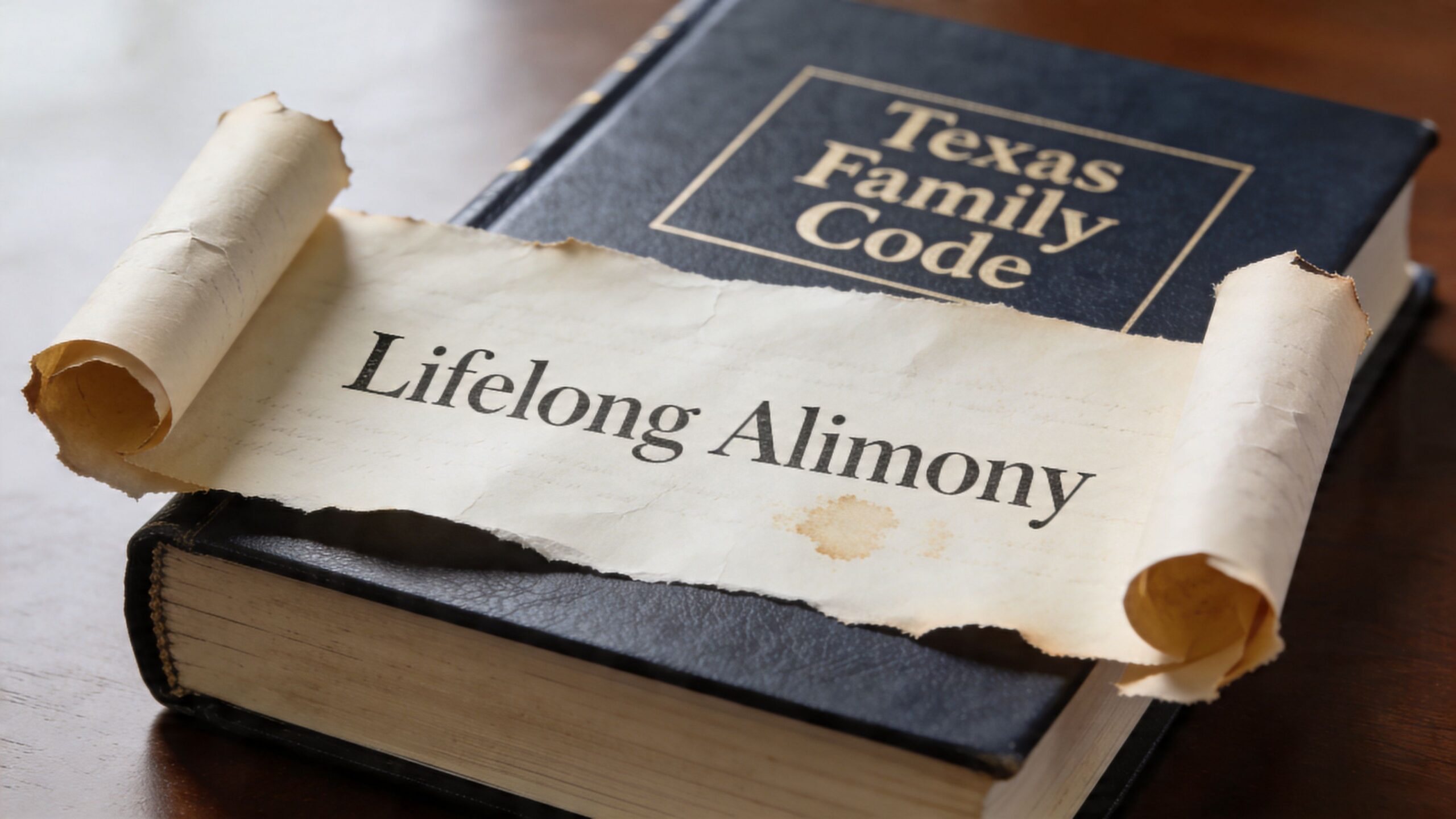 A copy of the Texas Family Code book with a parchment scroll labeled Lifelong Alimony on top.