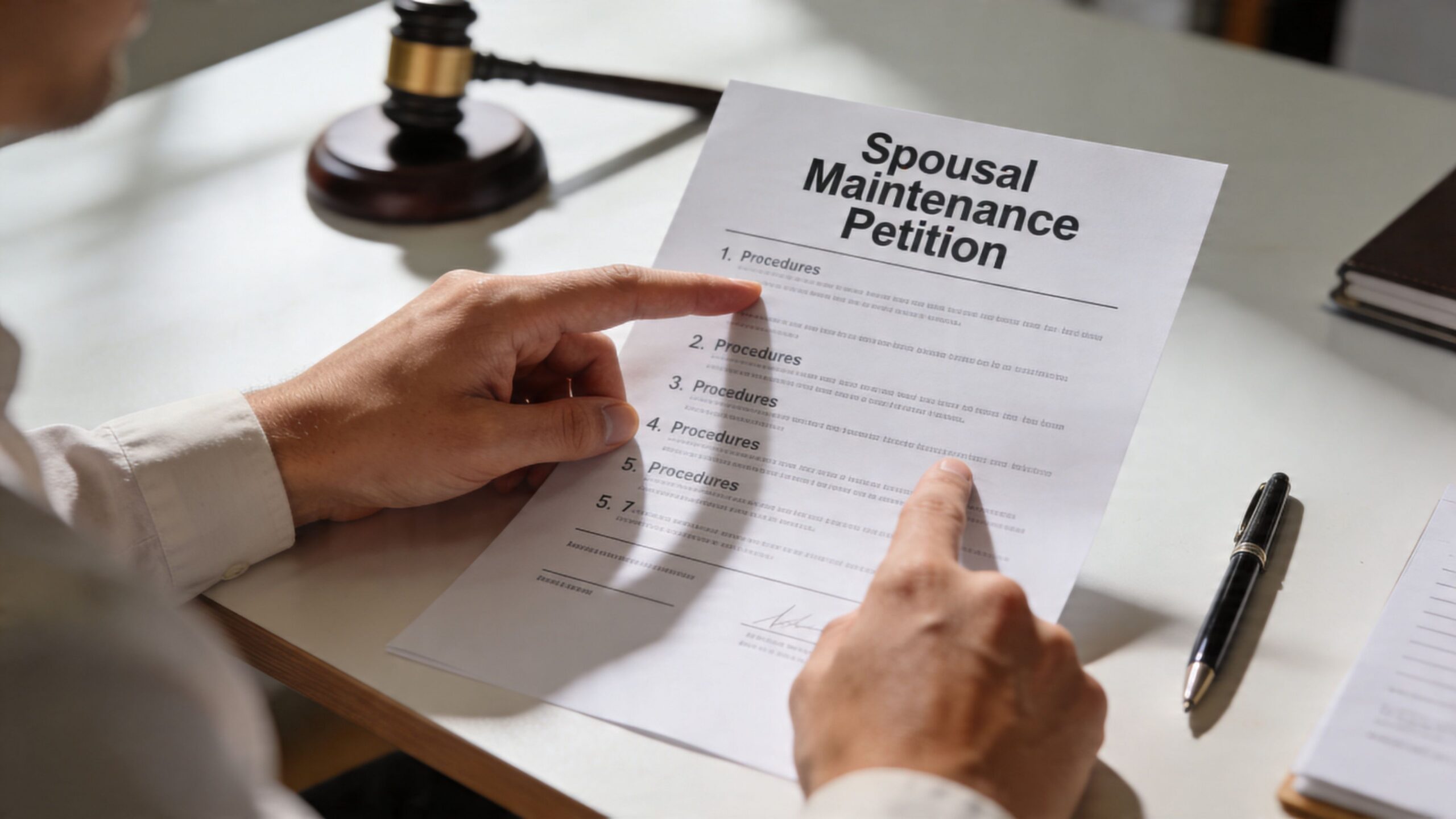 A person reviewing a spousal maintenance petition document at a desk with a wooden legal gavel.