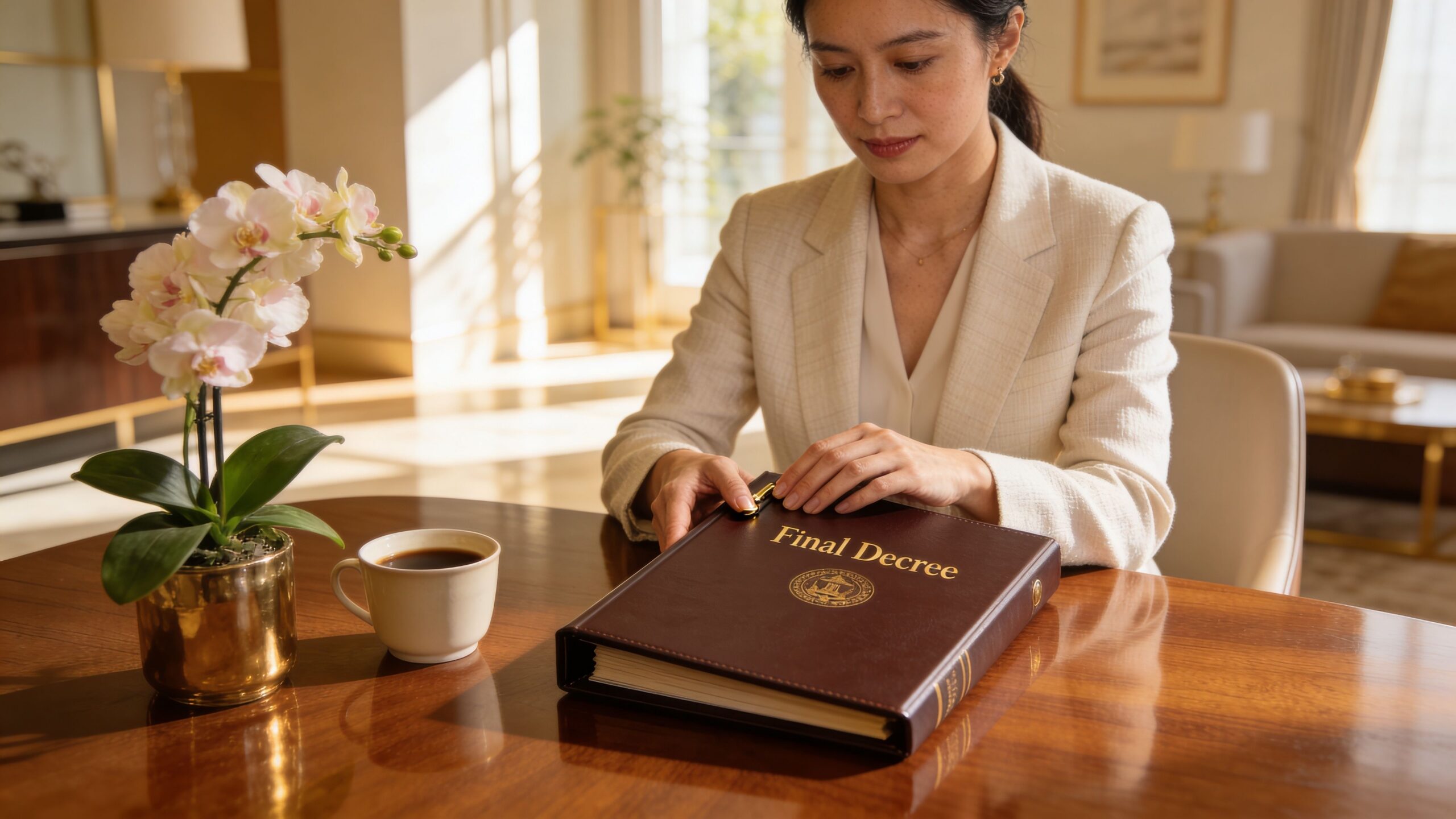 A professional woman in a blazer sitting at a table with a Final Decree binder.