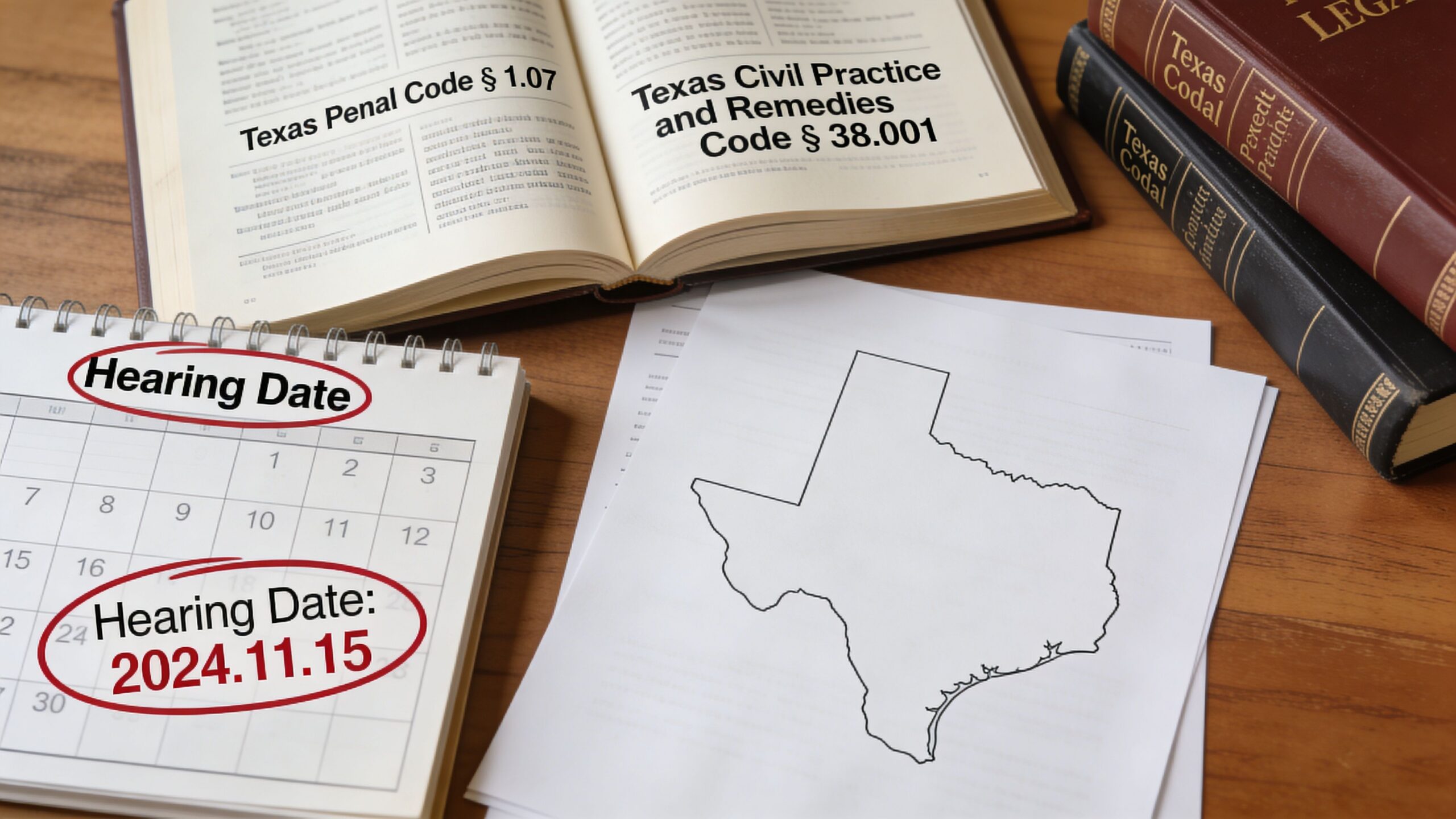 A legal workspace with Texas code books, a calendar marked for a November 2024 hearing date, and a Texas state outline.