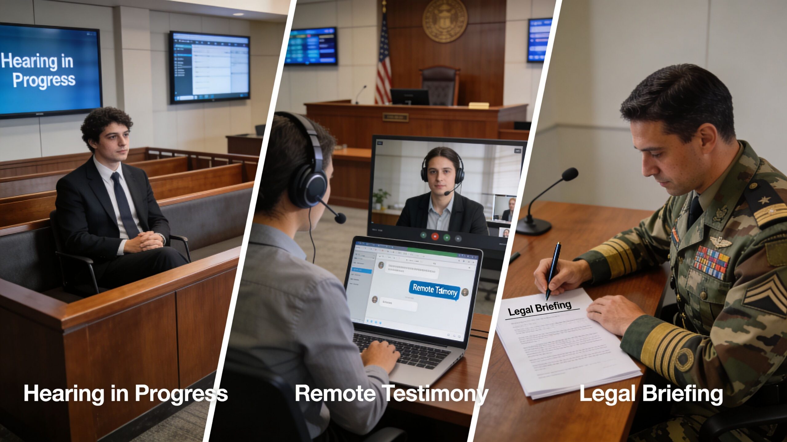 A composite image showing three legal settings including a court hearing, remote testimony, and military legal briefing.