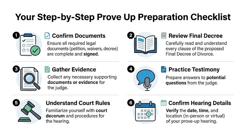 A six-step checklist infographic for preparing for a divorce prove-up hearing, detailing necessary documents and procedures.