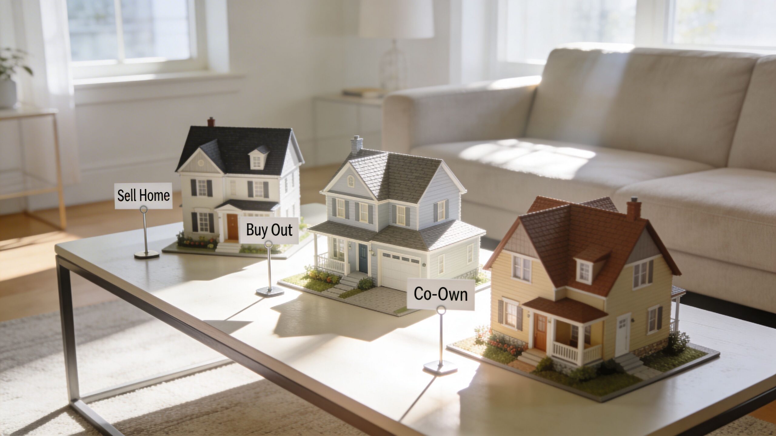 Three miniature house models on a table representing real estate options during a divorce settlement process.