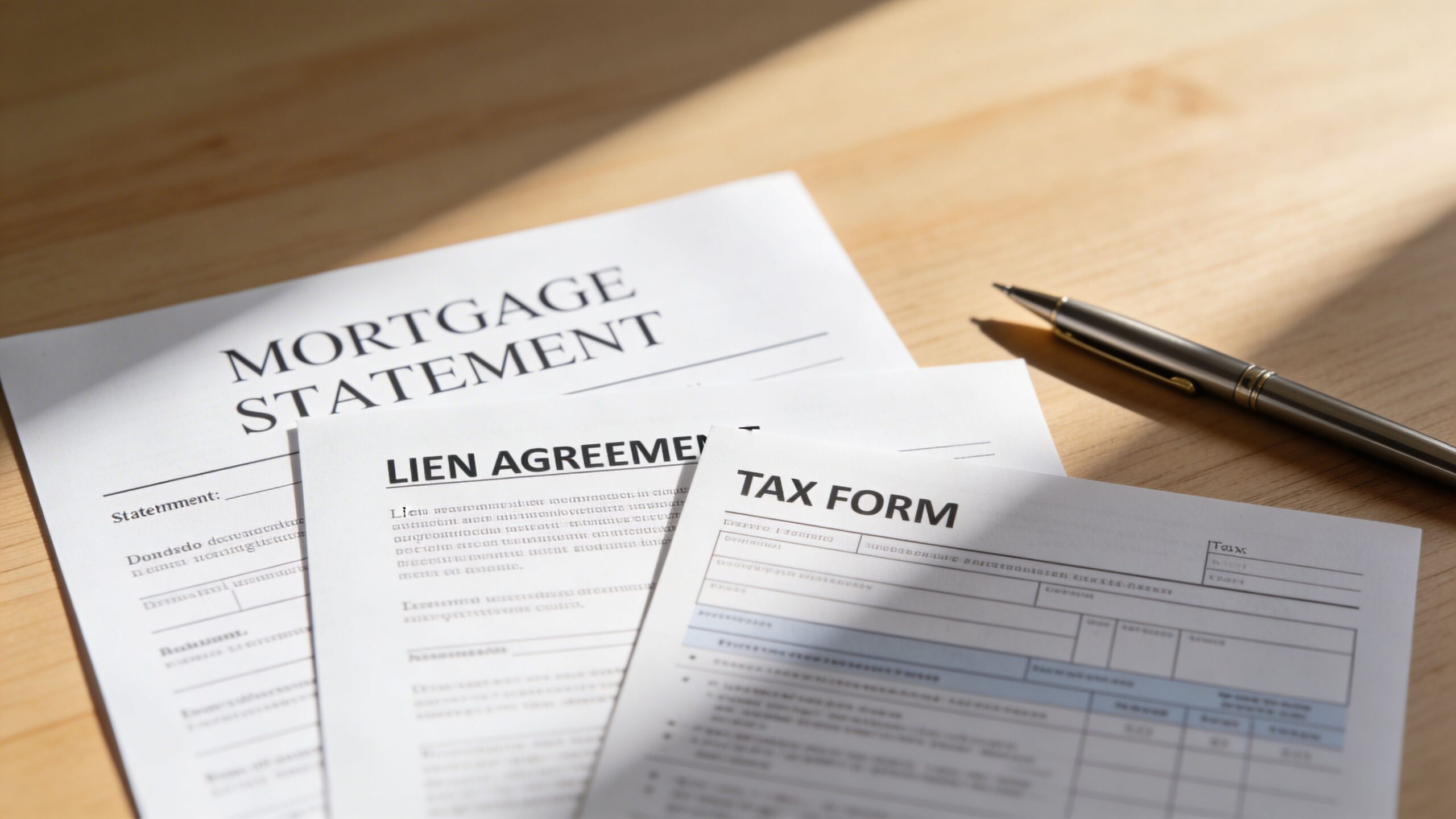 Legal documents including a mortgage statement, lien agreement, and tax form resting on a wooden desk.