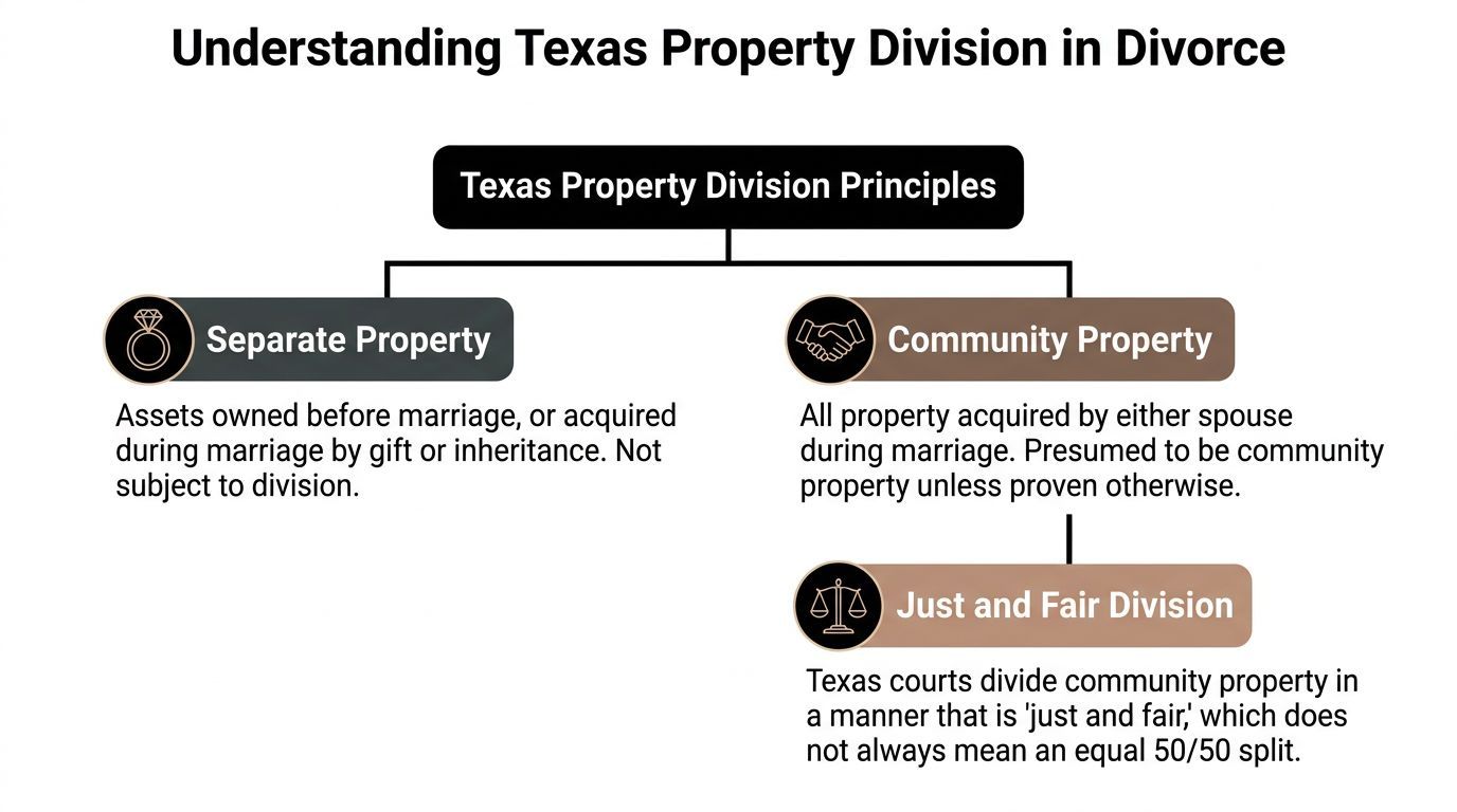 A flowchart explaining the principles of separate and community property division during a divorce in Texas.
