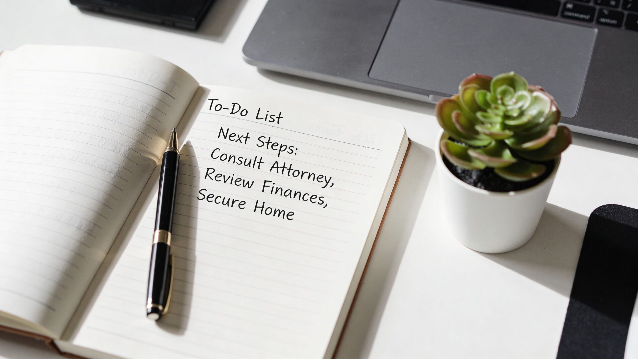 A notepad on a desk listing To-Do items including consulting an attorney and reviewing finances.