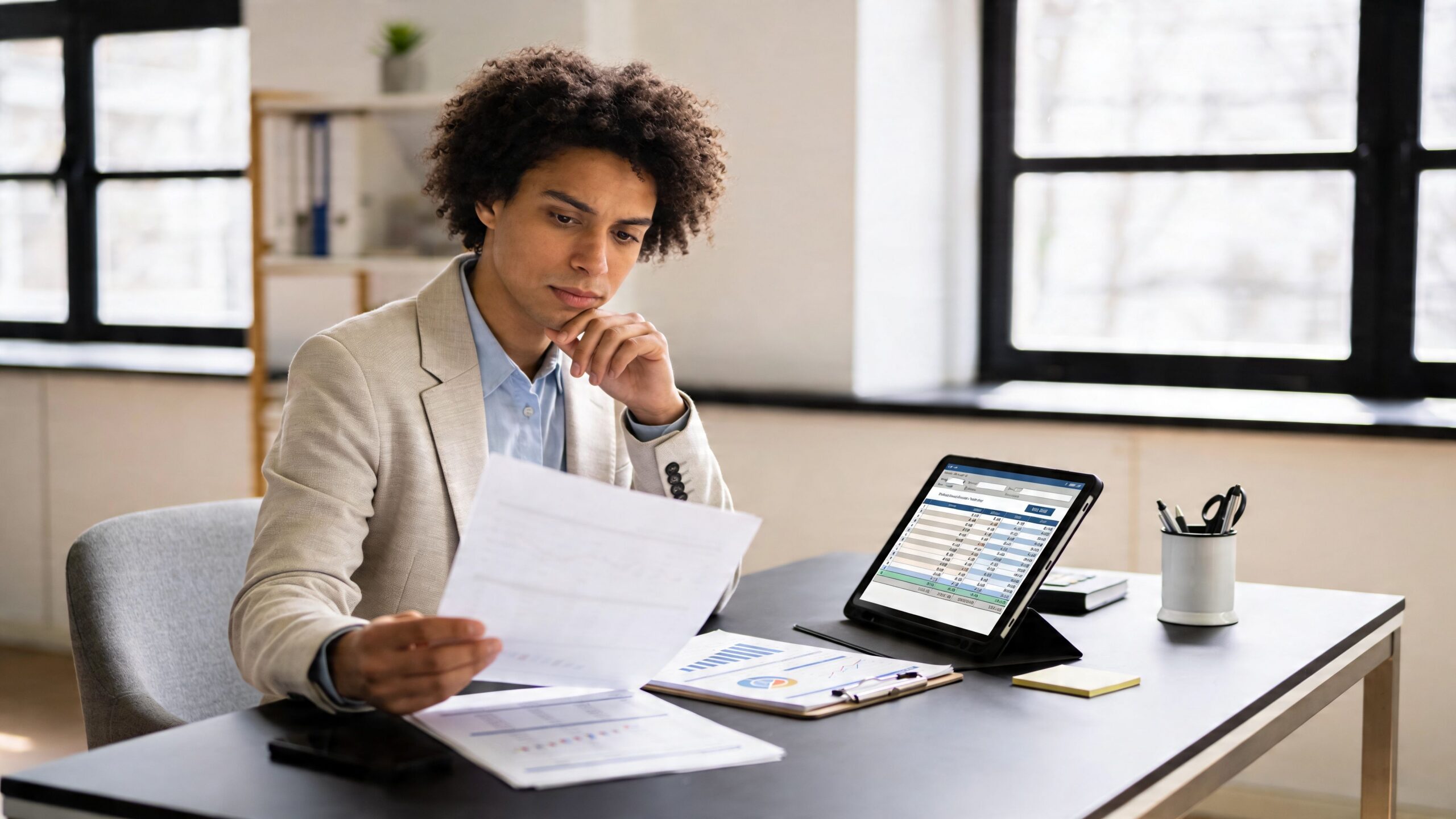 A professional man reviewing financial documents and data on a tablet in a bright, modern office.