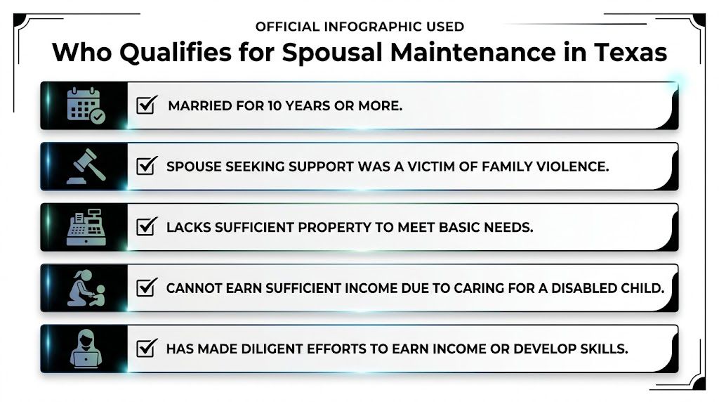 An infographic outlining the five key legal criteria for qualifying for spousal maintenance in Texas.