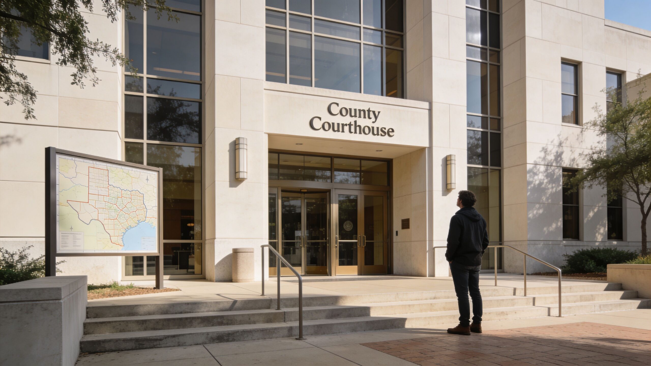 A man standing in front of a modern county courthouse building with a Texas map displayed outside.