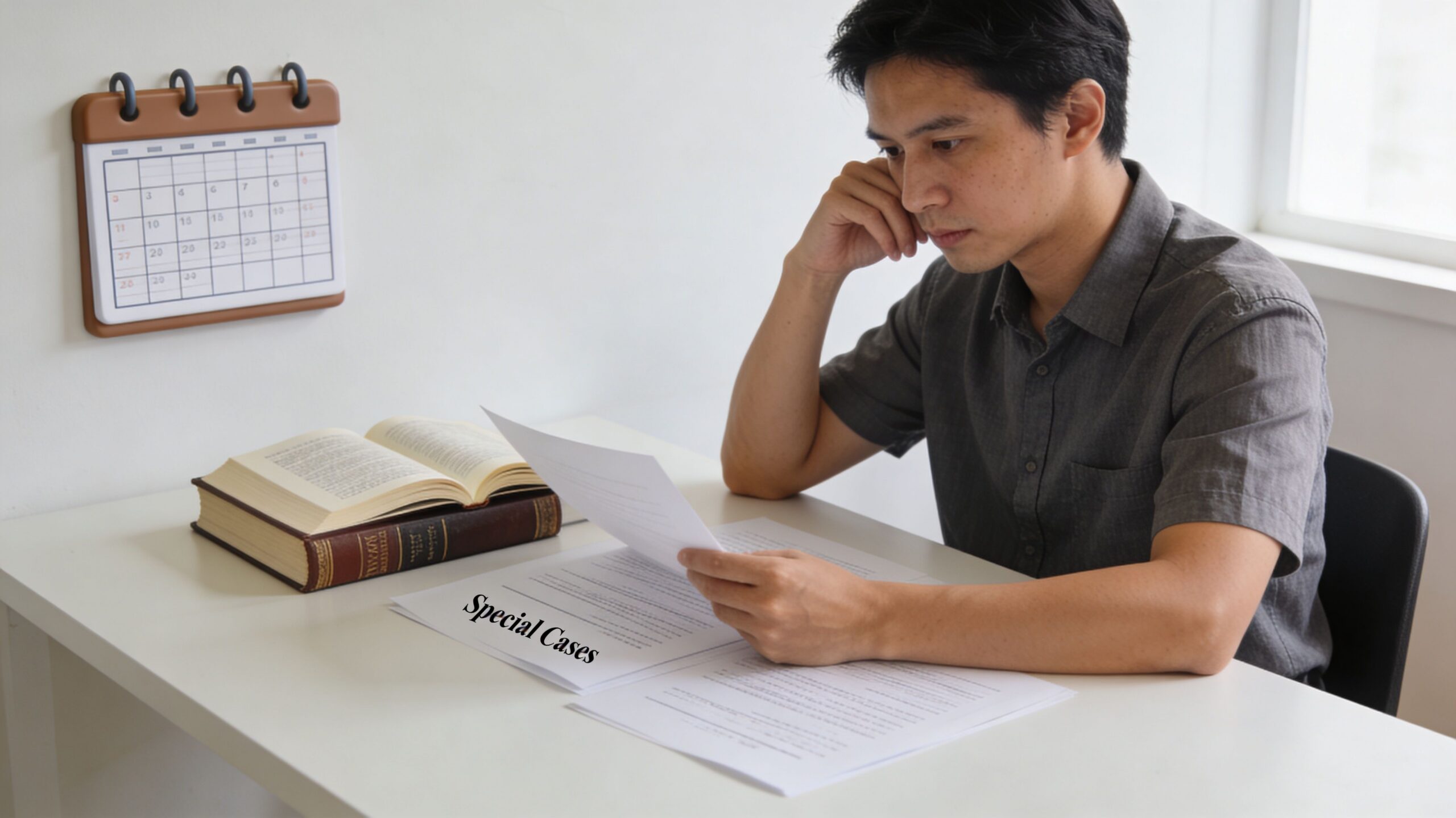 A man sitting at a desk reviewing legal documents labeled Special Cases for his Texas divorce case.