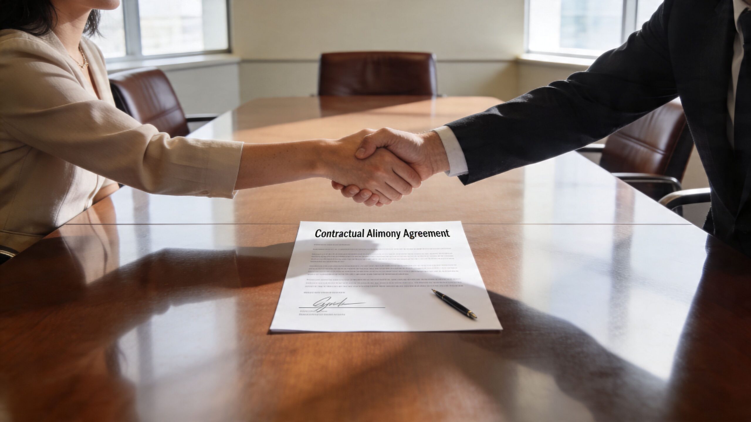 A professional man and woman shake hands over a signed spousal support agreement on a conference table.