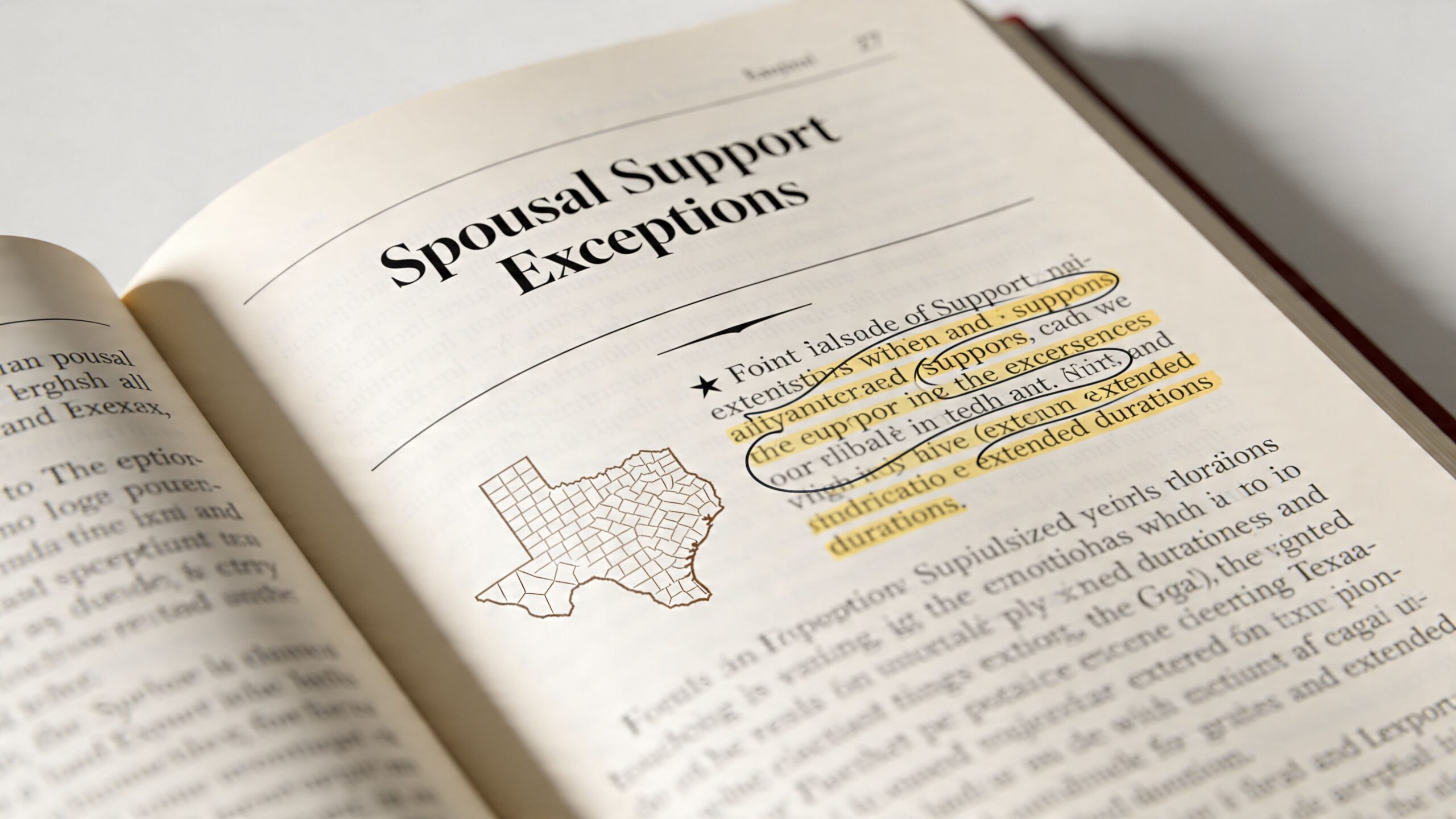 A close-up view of an open book page with the title Spousal Support Exceptions and a map of Texas.